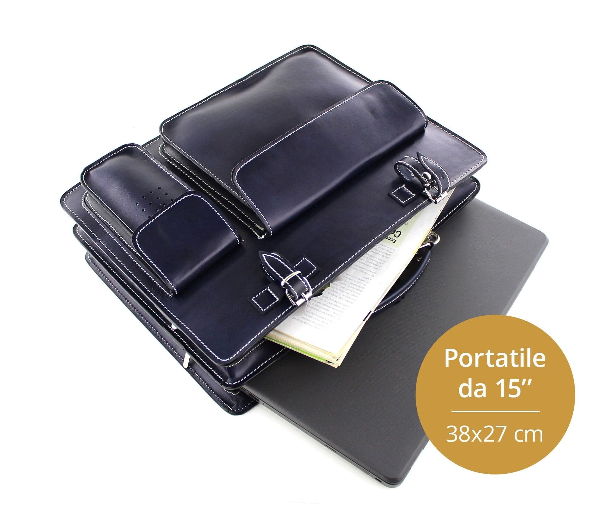 Cartella scuola/ufficio in vera pelle CHIAROSCURO mod. ALEX XXL, colore BLU, con tracolla, Made in Italy adatto a computer Pc portatile 15 pollici, brochure grandi, cartelle