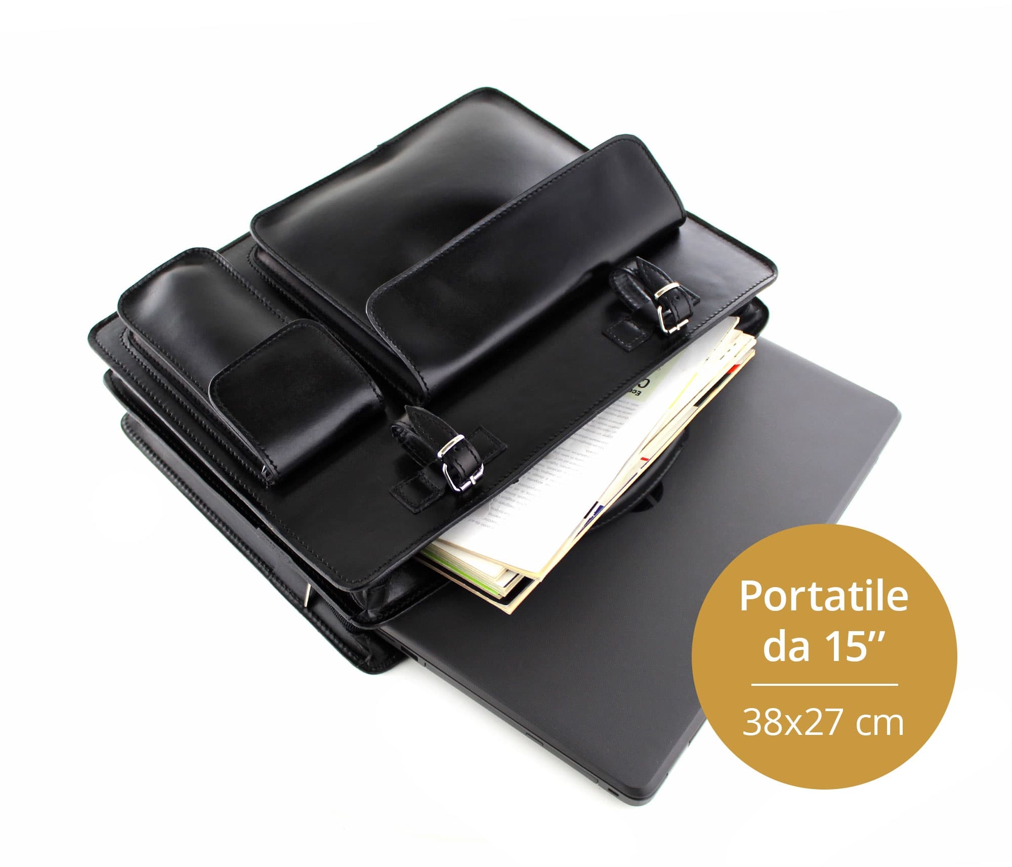 Cartella scuola/ufficio in vera pelle CHIAROSCURO mod. ALEX XXL, colore NERO, Made in Italy