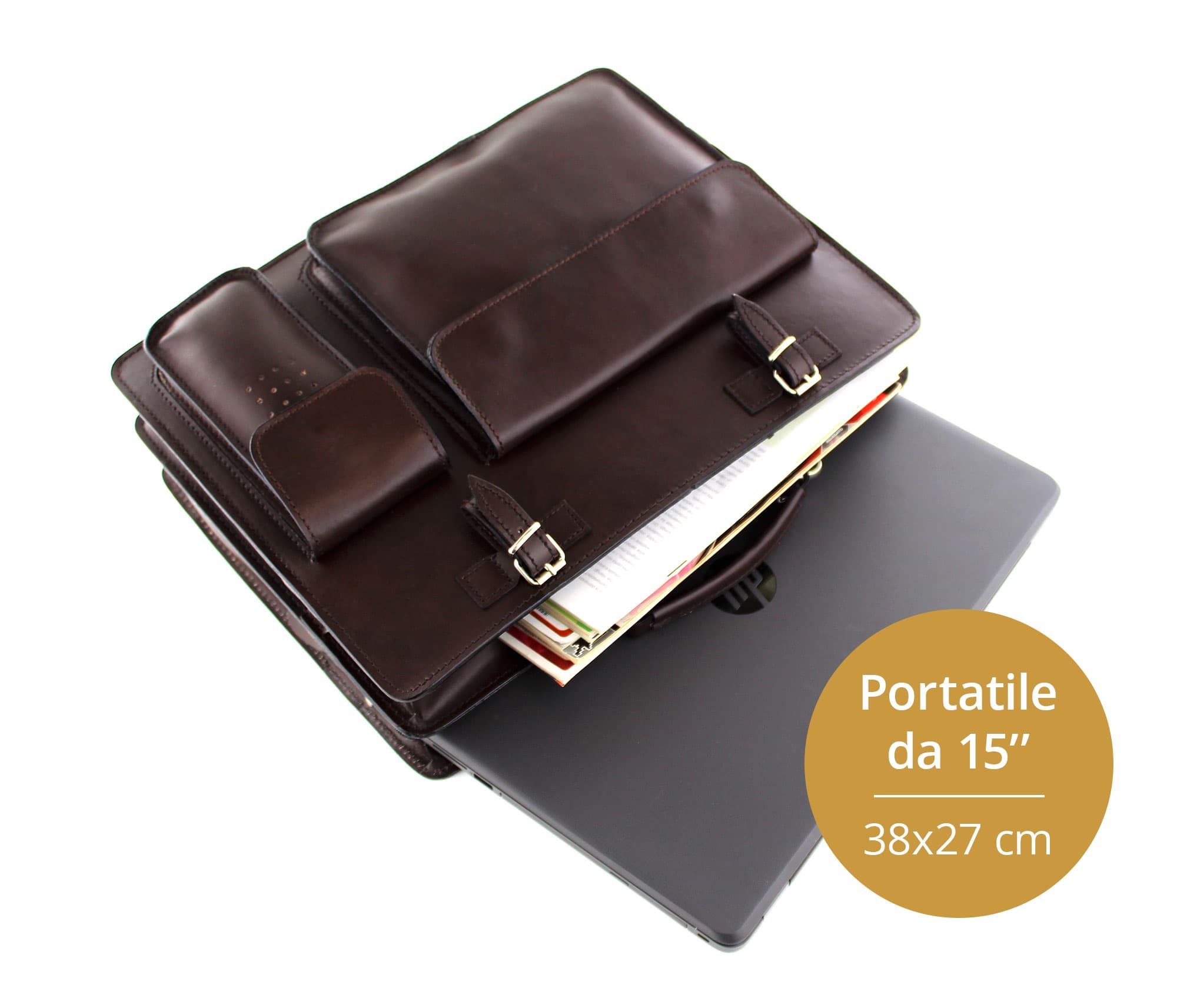 Cartella scuola/ufficio in vera pelle CHIAROSCURO mod. ALEX XXL, colore TESTA DI MORO, Made in Italy