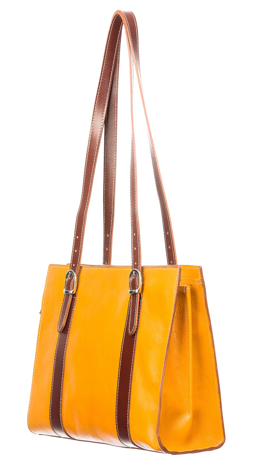 Borsa donna MARINA in vera pelle tamponata, colore giallo / marrone, manici lunghi regolabile, un scomparto interno, tasche accessori, chiusura a zip, CHIAROSCURO, Made in Italy.
