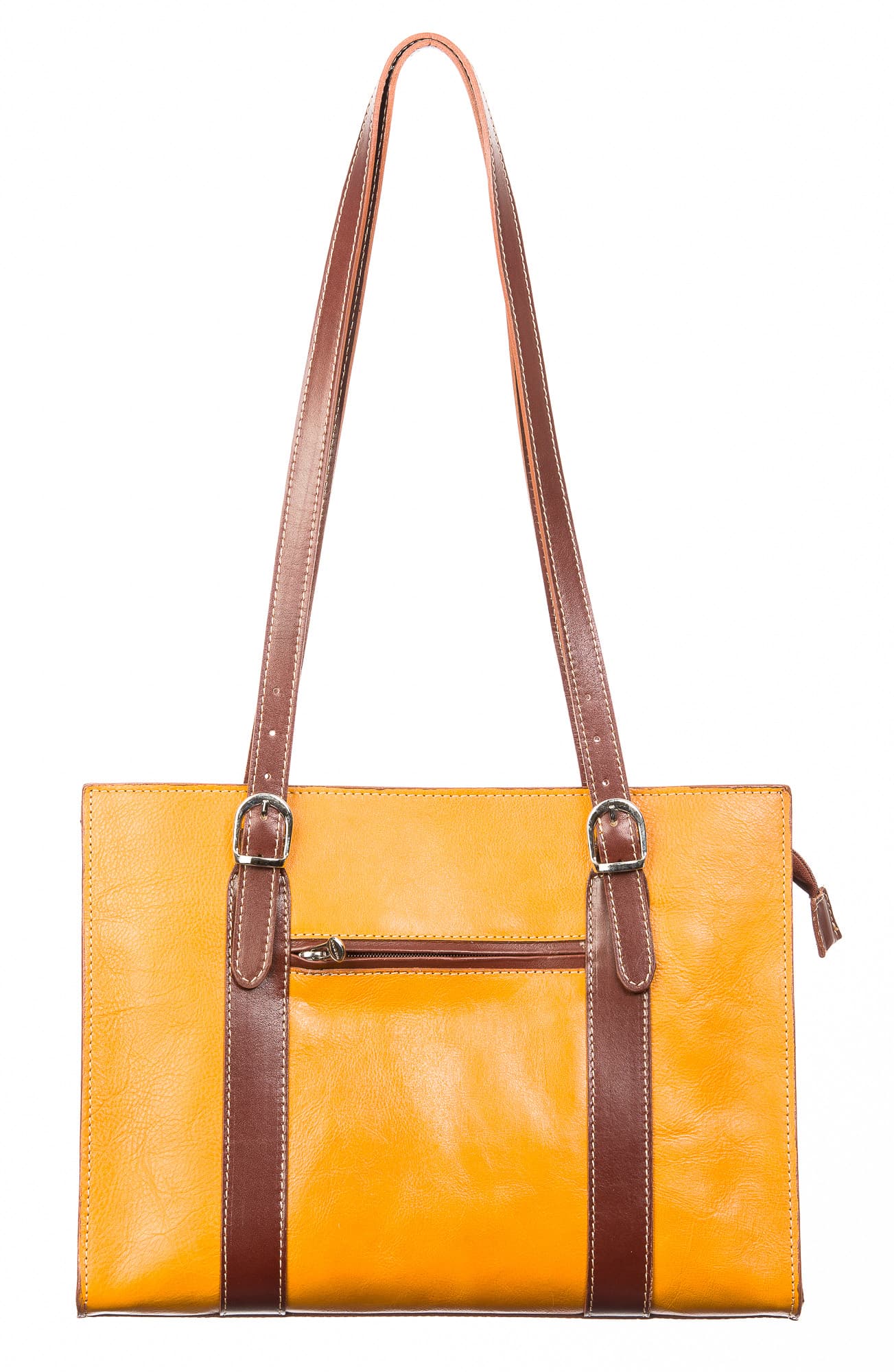 Borsa donna MARINA in vera pelle tamponata, colore giallo / marrone, manici lunghi regolabile, un scomparto interno, tasche accessori, chiusura a zip, CHIAROSCURO, Made in Italy.
