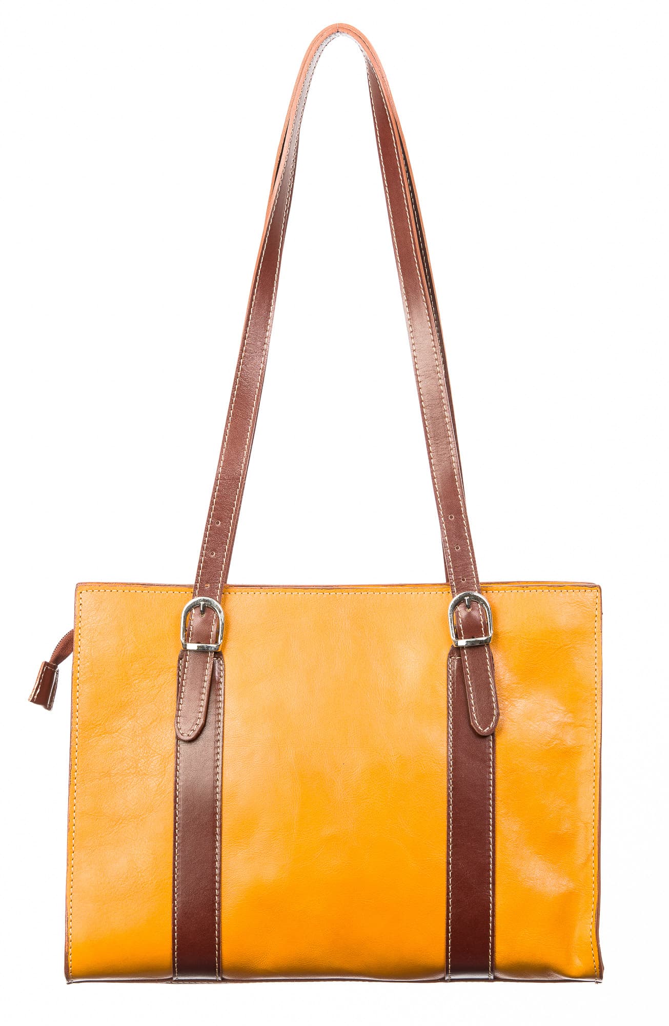 Borsa donna MARINA in vera pelle tamponata, colore giallo / marrone, manici lunghi regolabile, un scomparto interno, tasche accessori, chiusura a zip, CHIAROSCURO, Made in Italy.