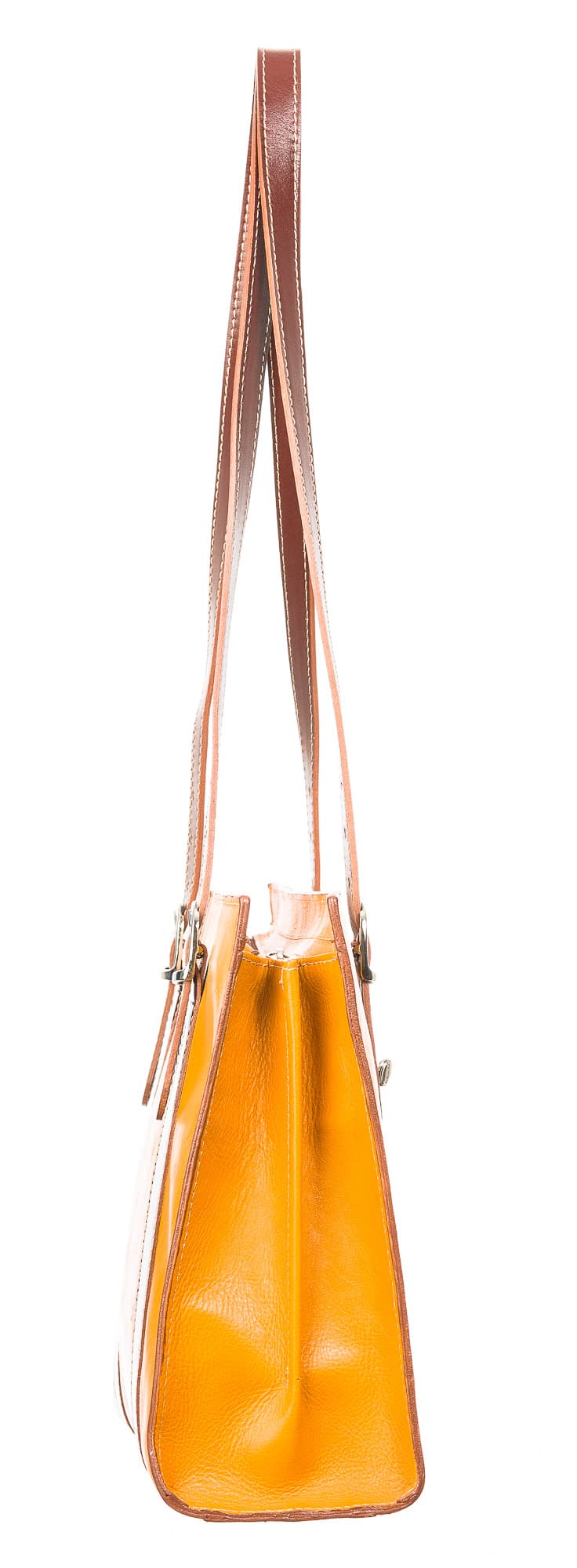 Borsa donna MARINA in vera pelle tamponata, colore giallo / marrone, manici lunghi regolabile, un scomparto interno, tasche accessori, chiusura a zip, CHIAROSCURO, Made in Italy.
