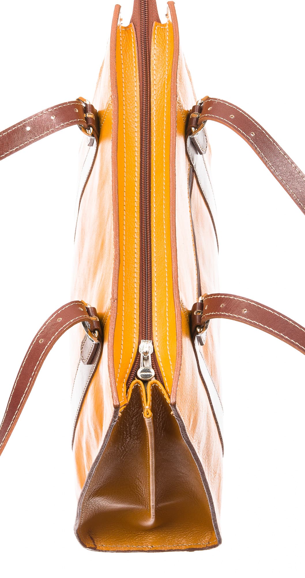 Borsa donna MARINA in vera pelle tamponata, colore giallo / marrone, manici lunghi regolabile, un scomparto interno, tasche accessori, chiusura a zip, CHIAROSCURO, Made in Italy.
