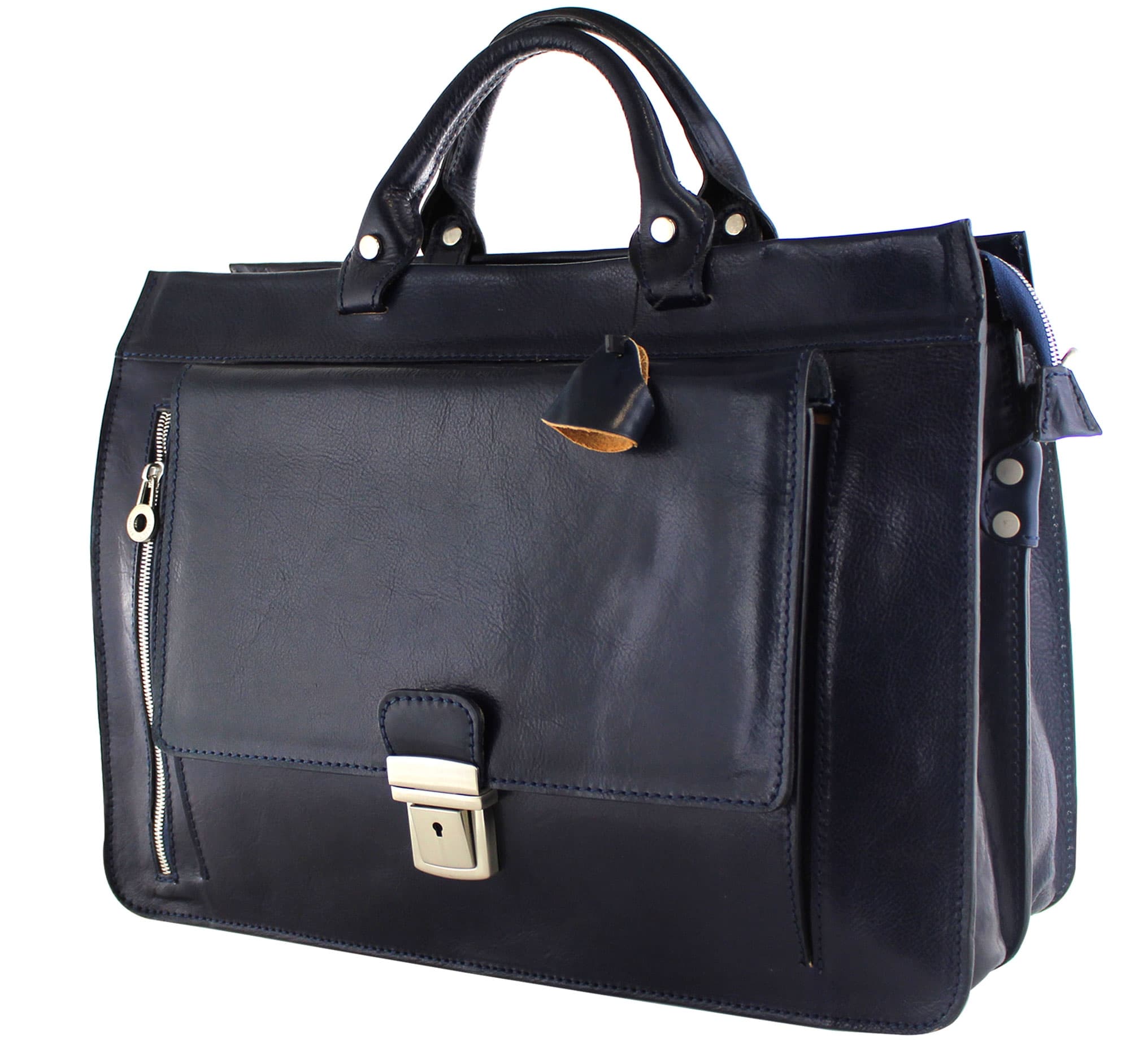 EMIDIO XXL: cartella ufficio / borsa lavoro, uomo / donna, in cuoio, colore : BLU, Made in Italy
