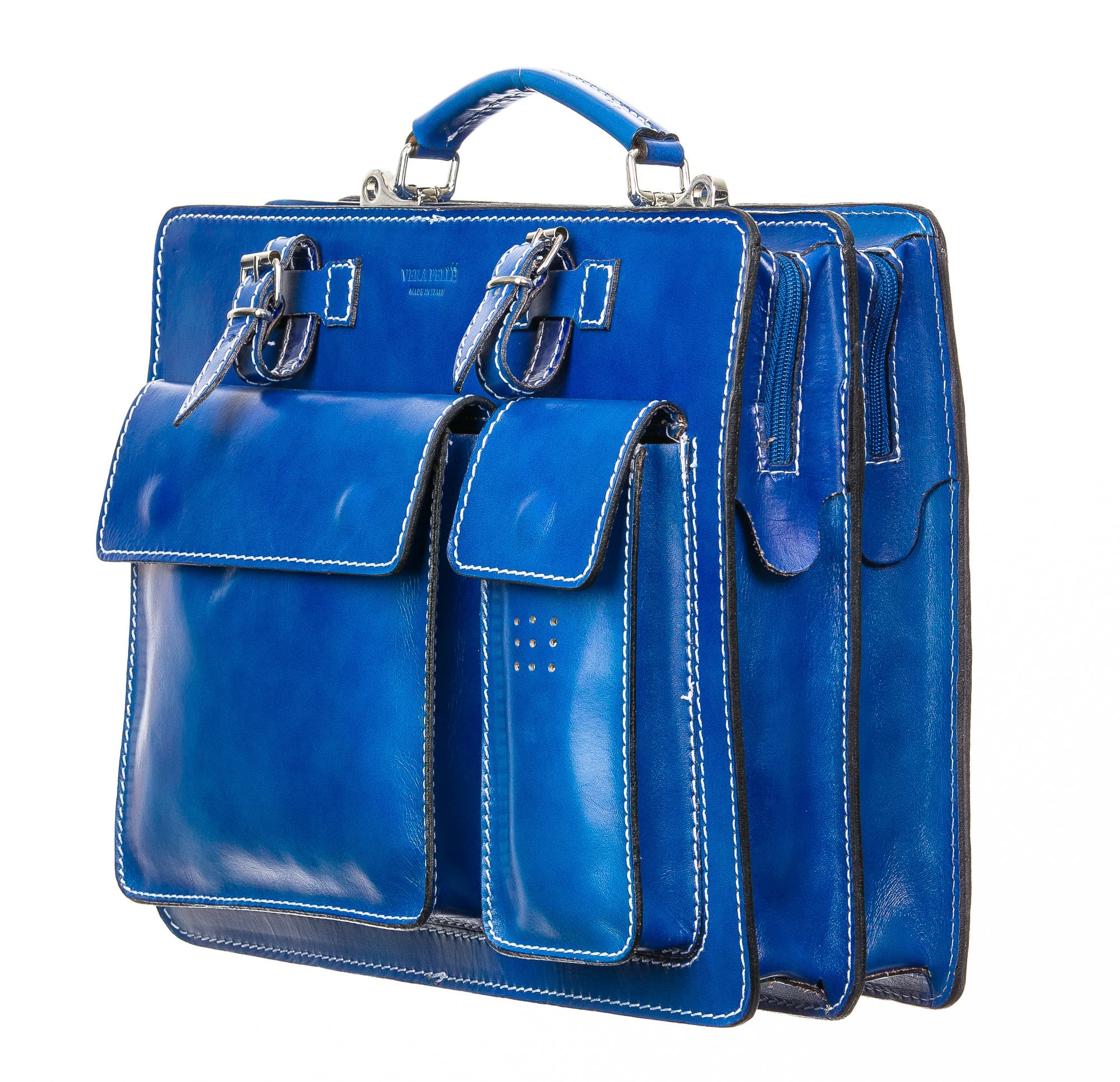 Borsa uomo / donna in vera pelle CHIAROSCURO mod. ALEX maxi, colore BLU, Made in Italy.