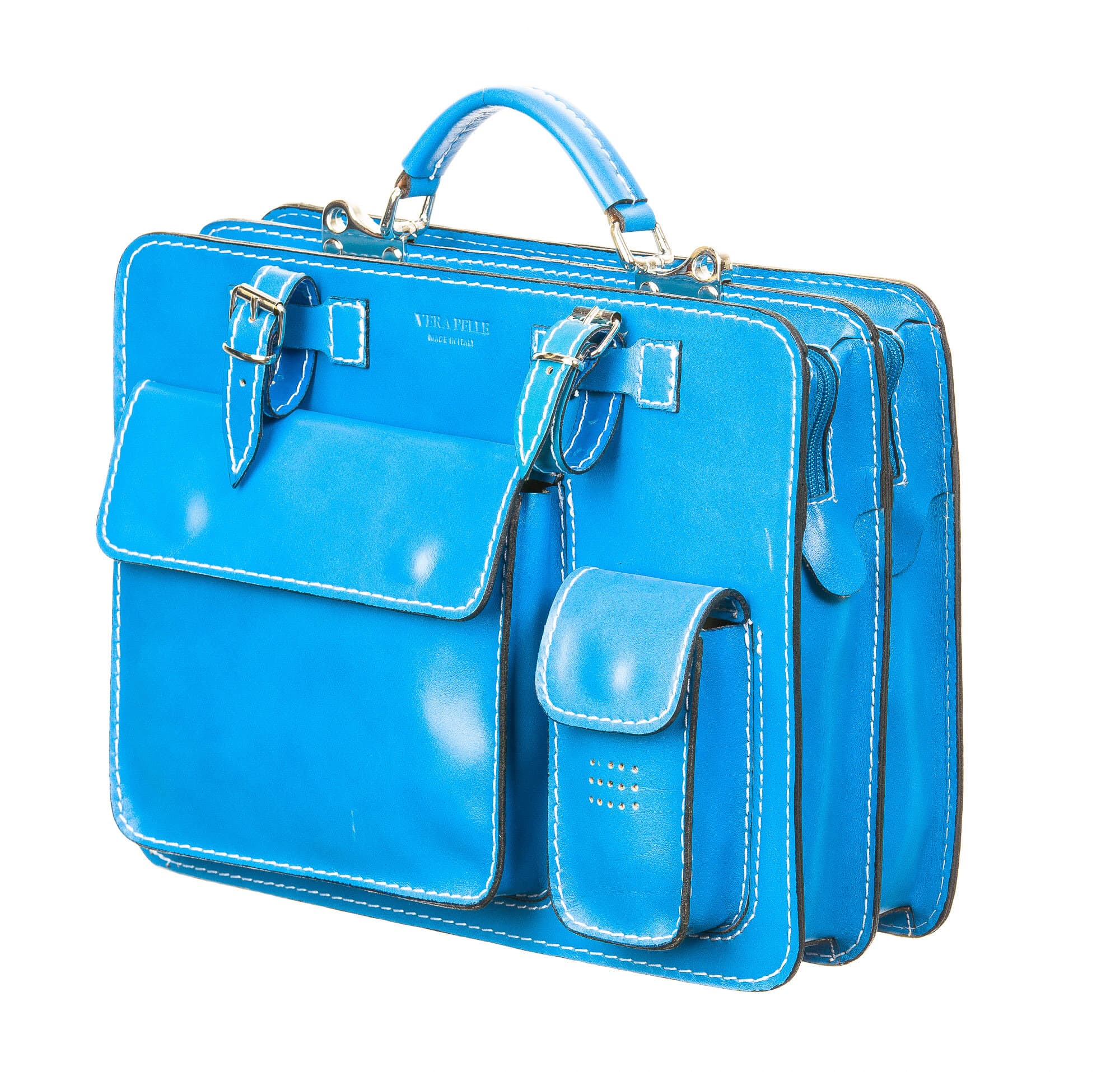 Cartella ufficio / lavoro in vera pelle CHIAROSCURO mod. ALEX medium, colore AZZURRO, Made in Italy.
