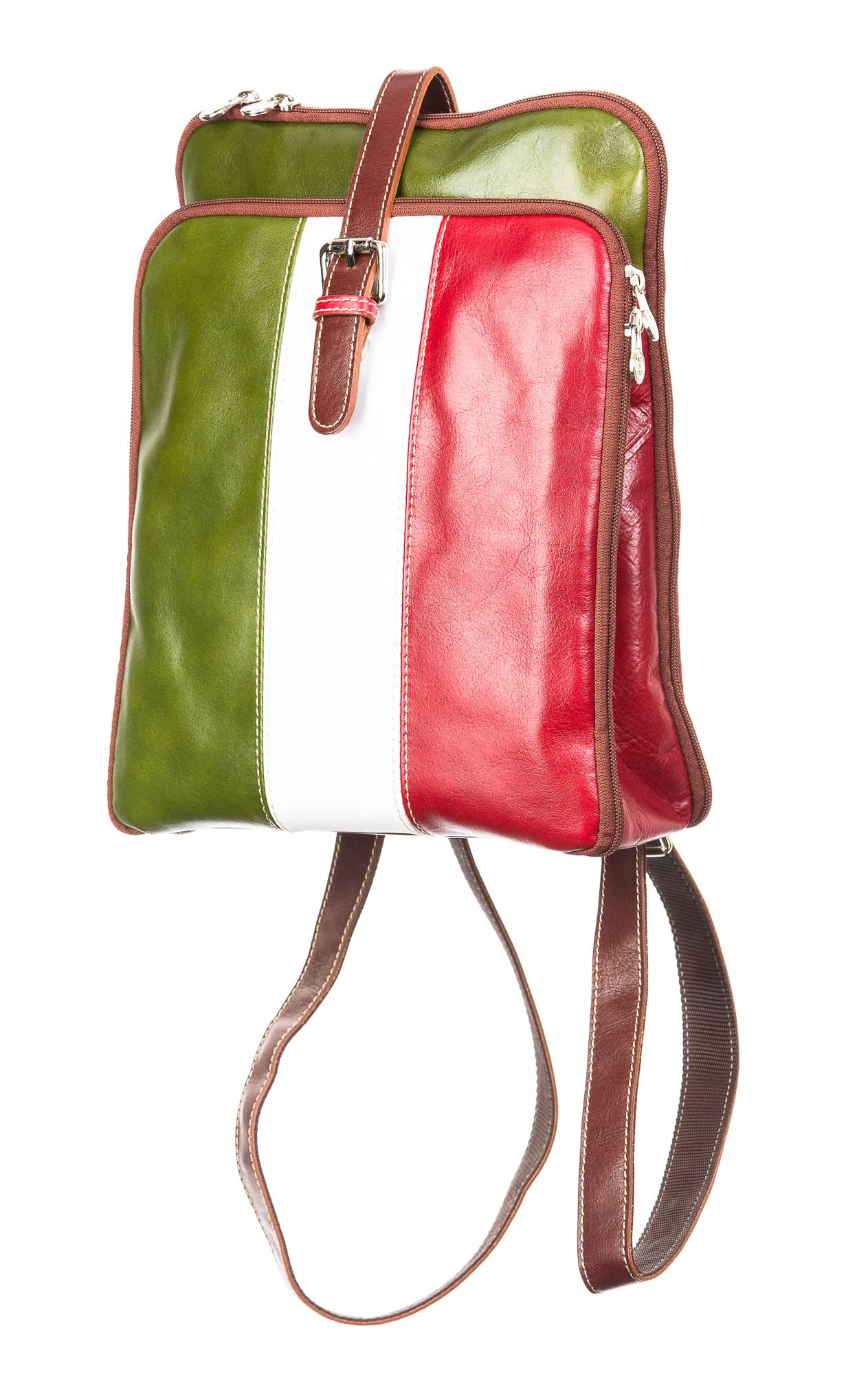 Borsa zaino donna in vera pelle MONTE COLOMBINE, TRICOLORE BANDIERA ITALIANA, VERDE/BIANCO/ROSSO, CHIAROSCURO, MADE IN ITALY
