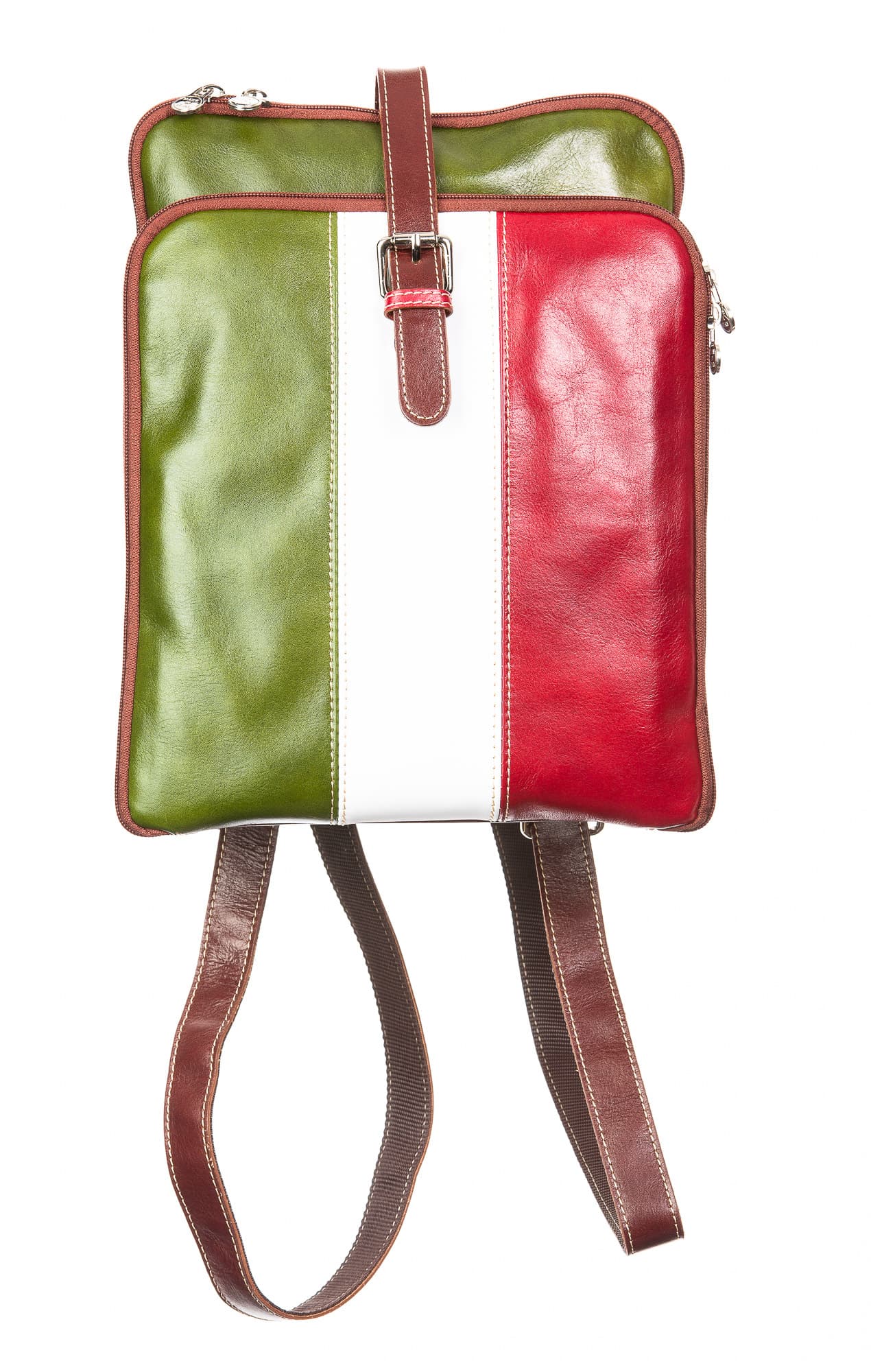 Borsa zaino donna in vera pelle MONTE COLOMBINE, TRICOLORE BANDIERA ITALIANA, VERDE/BIANCO/ROSSO, CHIAROSCURO, MADE IN ITALY