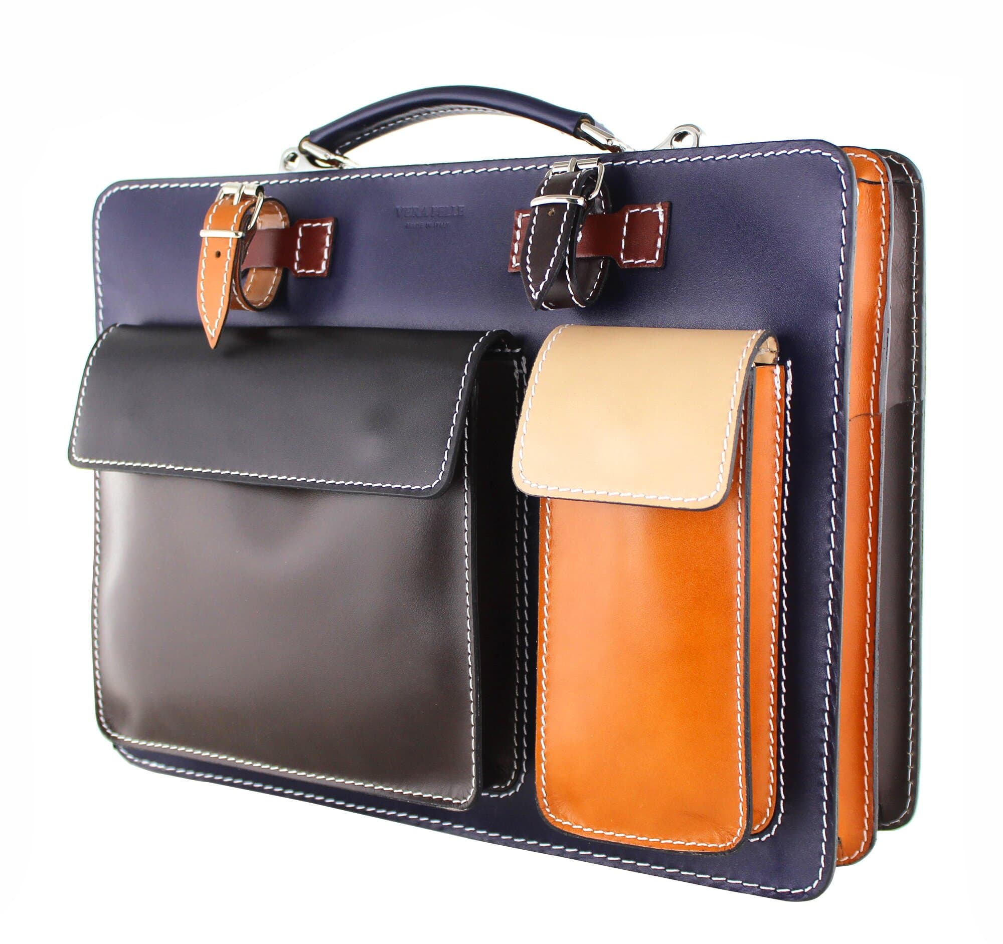ELVI MAXI: work / office bag in genuine leather, MULTICOLOR blue base, with shoulder strap, CHIAROSCURO, Made in Italy.