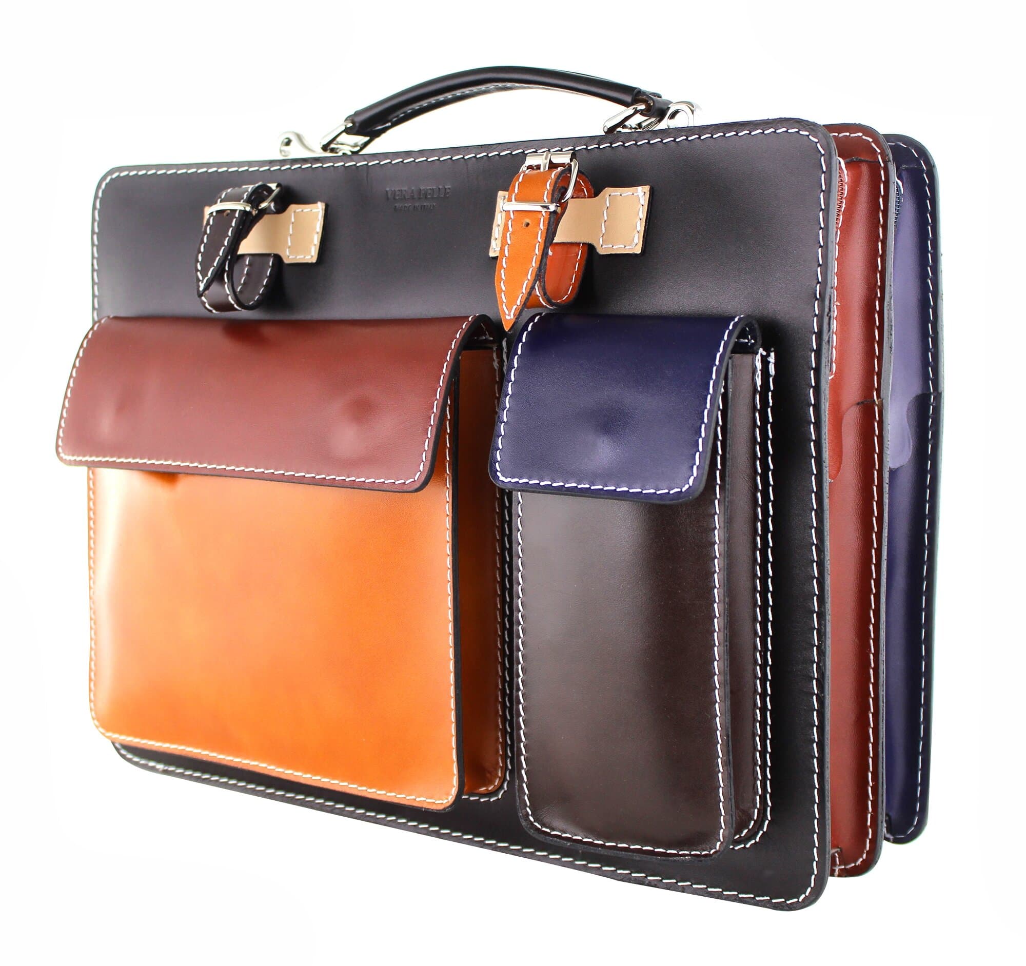 ELVI MAXI: work / office bag in genuine leather, MULTICOLOR black base, with shoulder strap, CHIAROSCURO, Made in Italy.