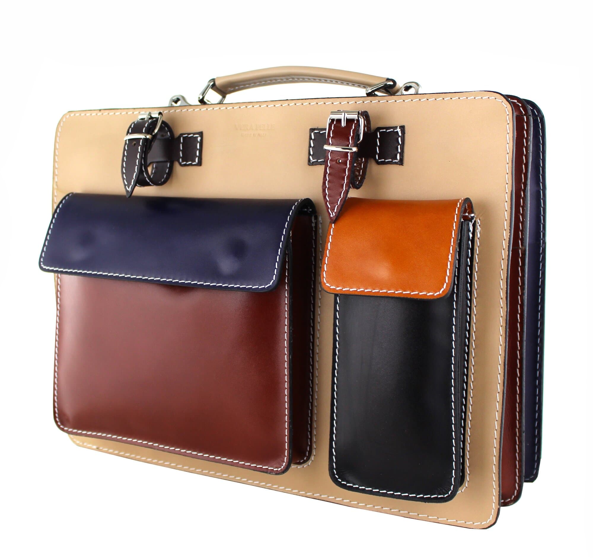ELVI MAXI: work / office bag in genuine leather, MULTICOLOR beige base, with shoulder strap, CHIAROSCURO, Made in Italy.