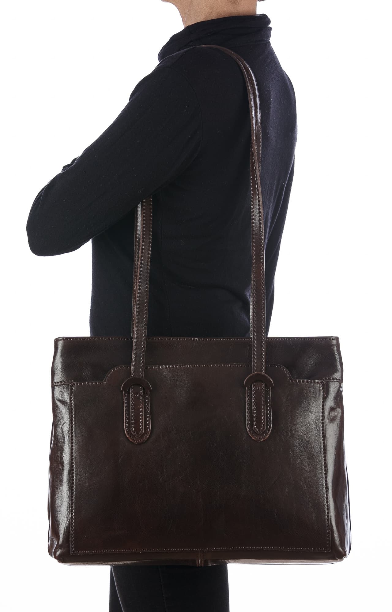 Borsa a spalla da donna in vera pelle MINA MAXI, colore TESTA DI MORO, CHIAROSCURO, MADE IN ITALY