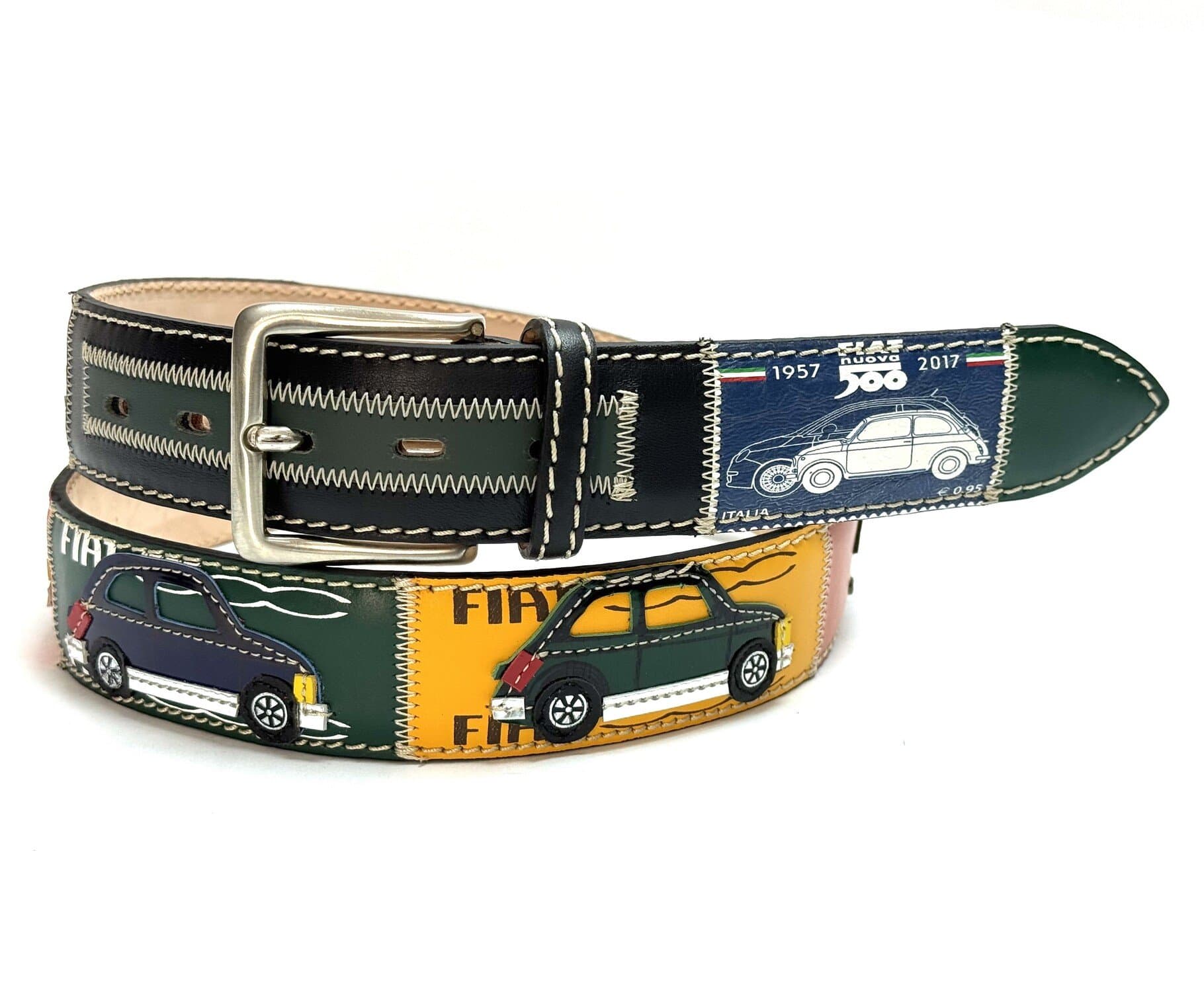 Cintura vintage uomo in vera pelle MIRAFIORI, colore MULTICOLOR,  cucite a mano in pelle, con applicazioni macchine pelle, SANTINI, Made in Italy