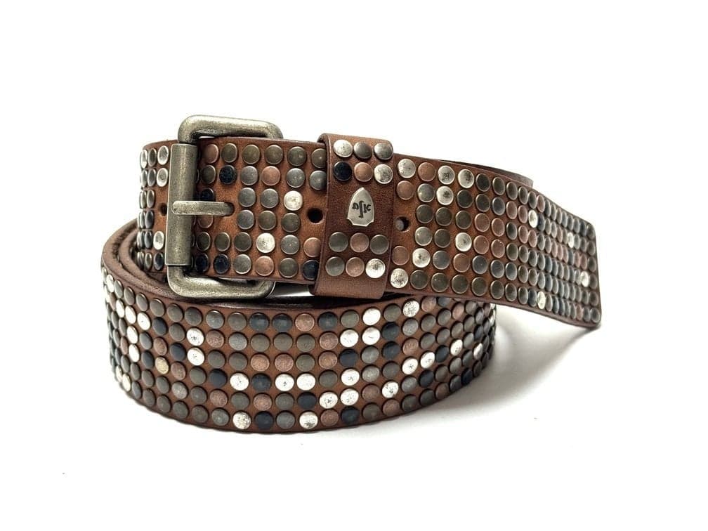 Buffered genuine leather belt mod. CALCUTTA 6 ROWS with random studs, color BROWN, Made in Italy
