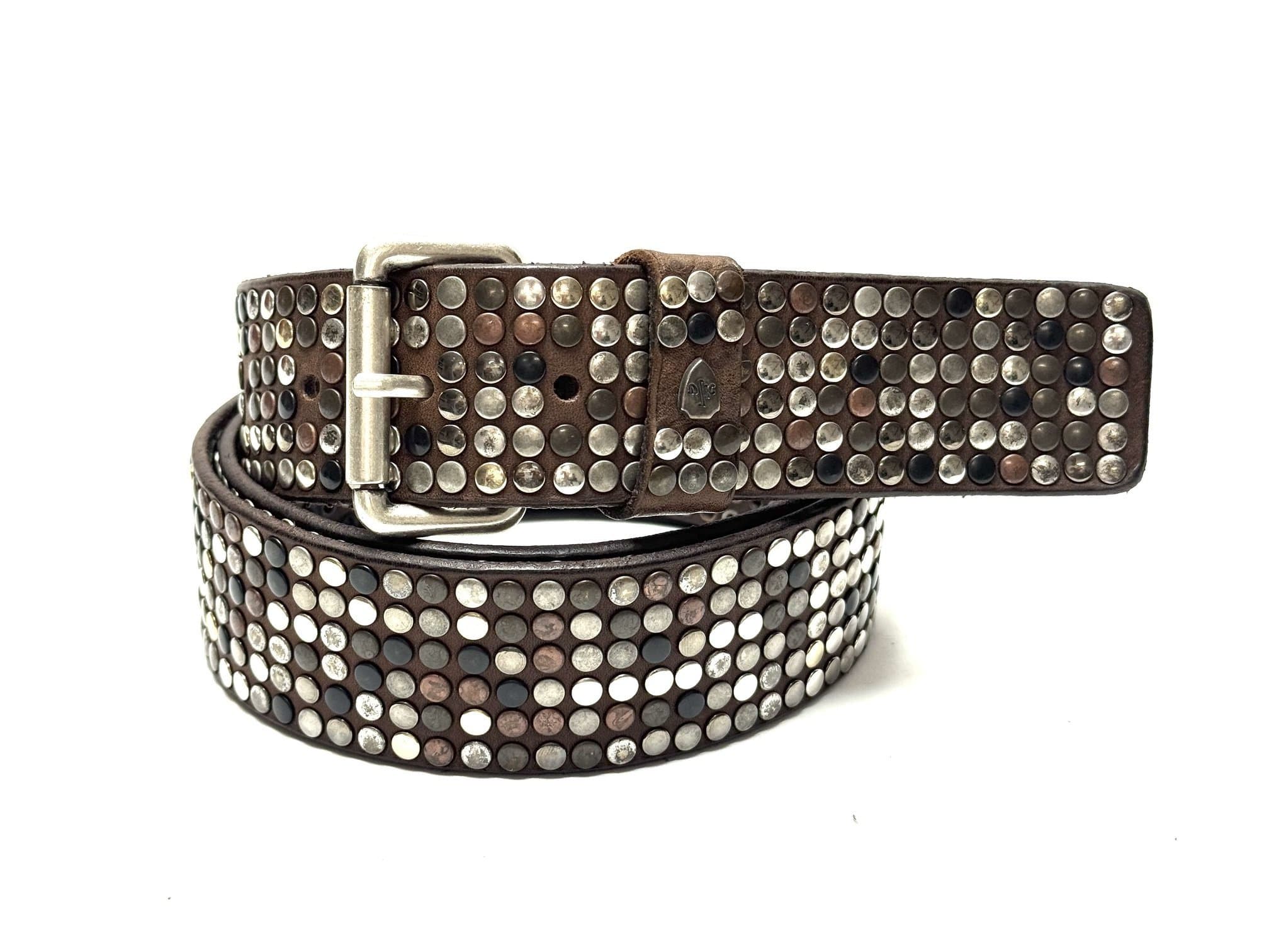 Buffered genuine leather belt mod. CALCUTTA 6 ROWS with random studs, color DARK BROWN, Made in Italy