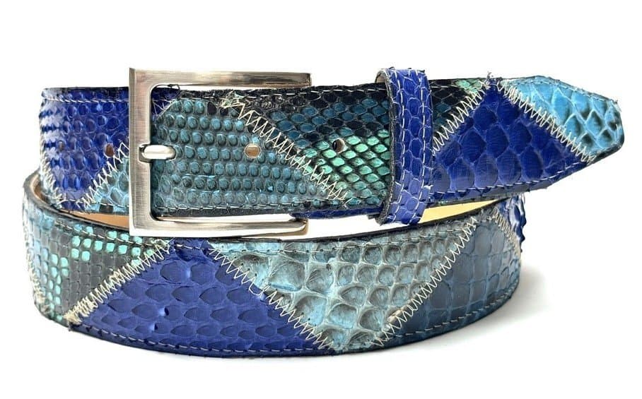 Cintura uomo TRIPOLI C51,vera pelle pitone, BLU/AZZURRO/VERDE ACQUA, CITES CHIAROSCURO, Made in Italy