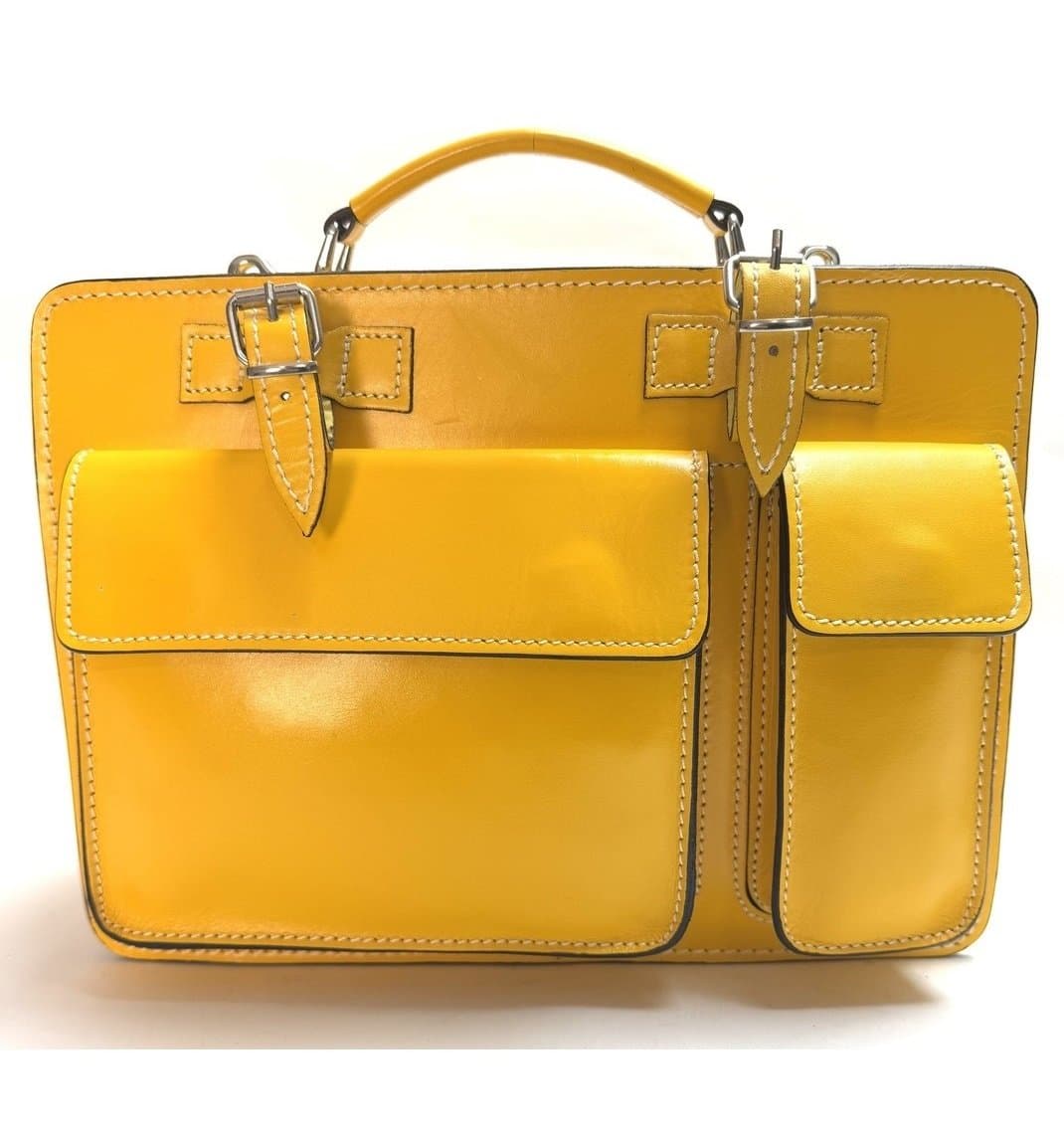 Cartella ufficio / lavoro in vera pelle, mod. ALEX medium, colore GIALLO, con tracolla, CHIAROSCURO, Made in Italy. Misura ideale per tablet di media dimensione/ agende di lavoro.