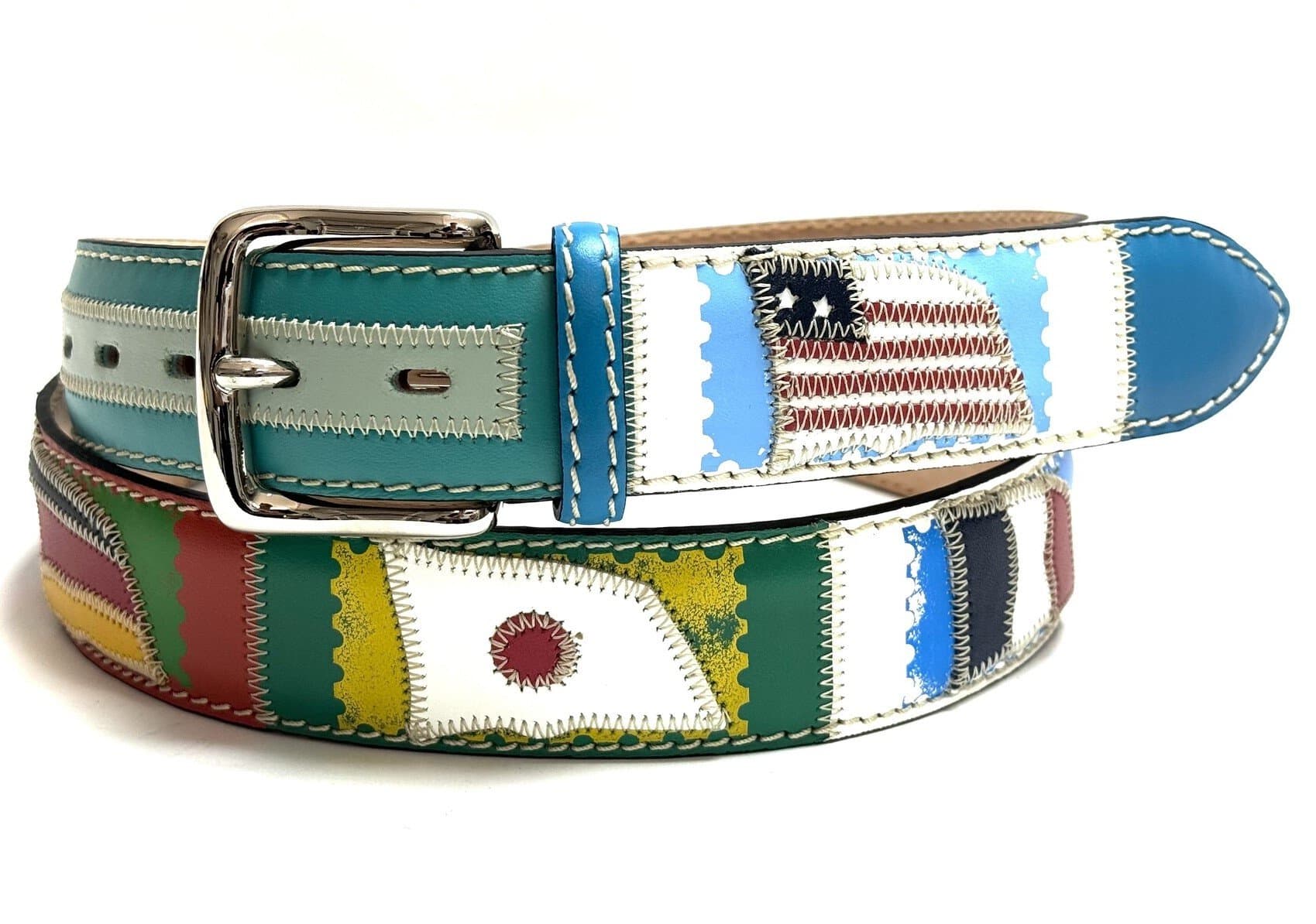 Cintura uomo in vera pelle BASILEA, colore BIANCO, con bandiere nazioni cucite a mano in pelle, con applicazioni in pelle, SANTINI, Made in Italy.