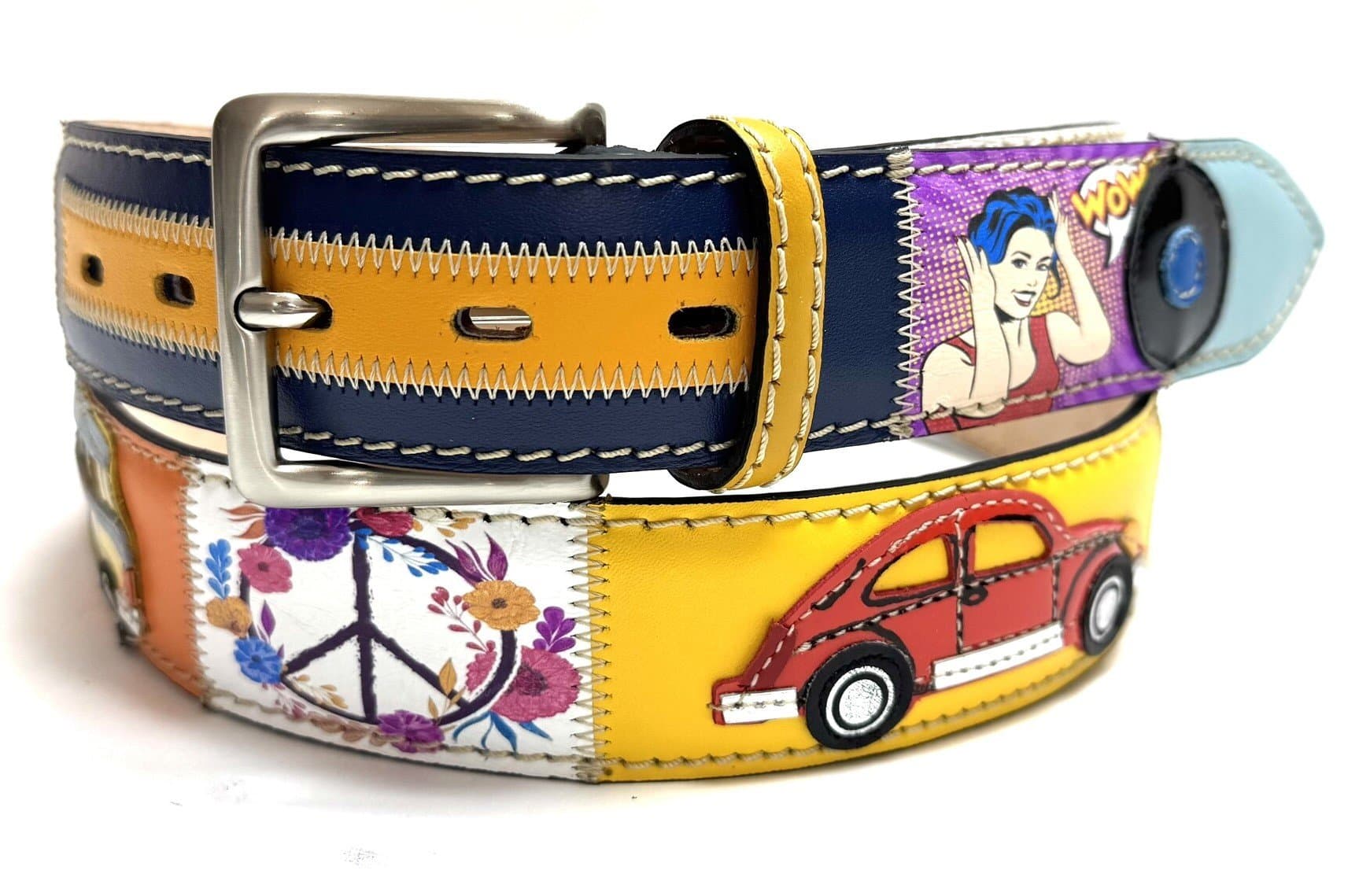 Genuine leather belt for man KINGSTON DISCO MUSIC, color MULTICOLOR, hand-sewn 50s and 60s with musical details, with applications in leather, SANTINI, MADE IN ITALY