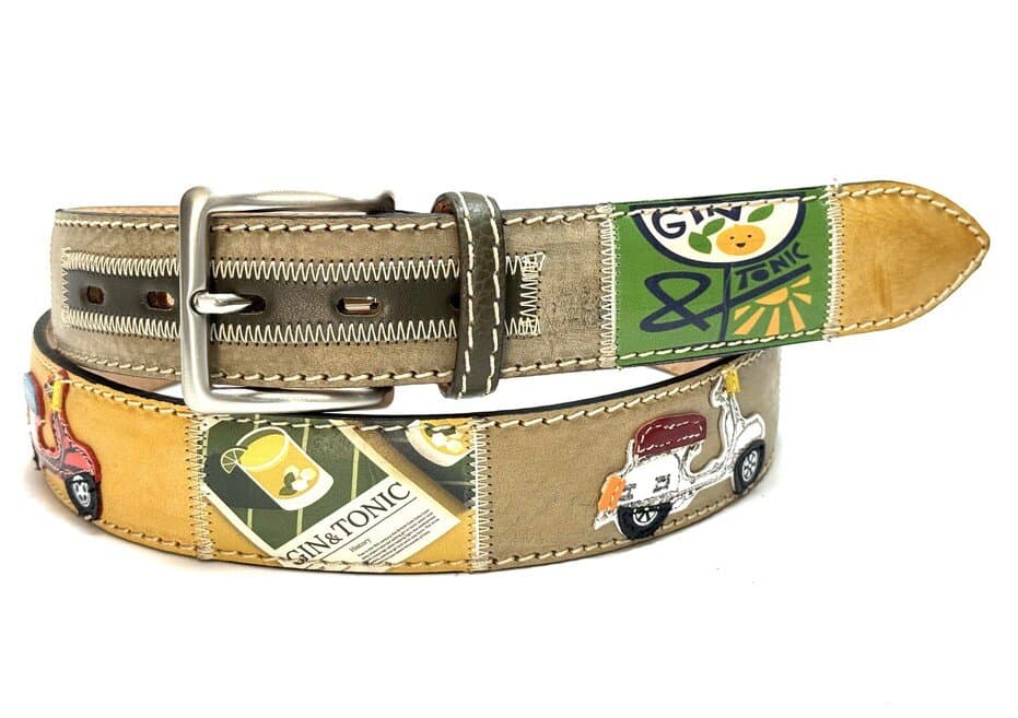 IMOLA: cintura vintage uomo in cuoio V22, colore : MULTICOLOR, tema fantasia MOTO / VESPA, cucite a mano, con applicazioni in pelle, Made in Italy