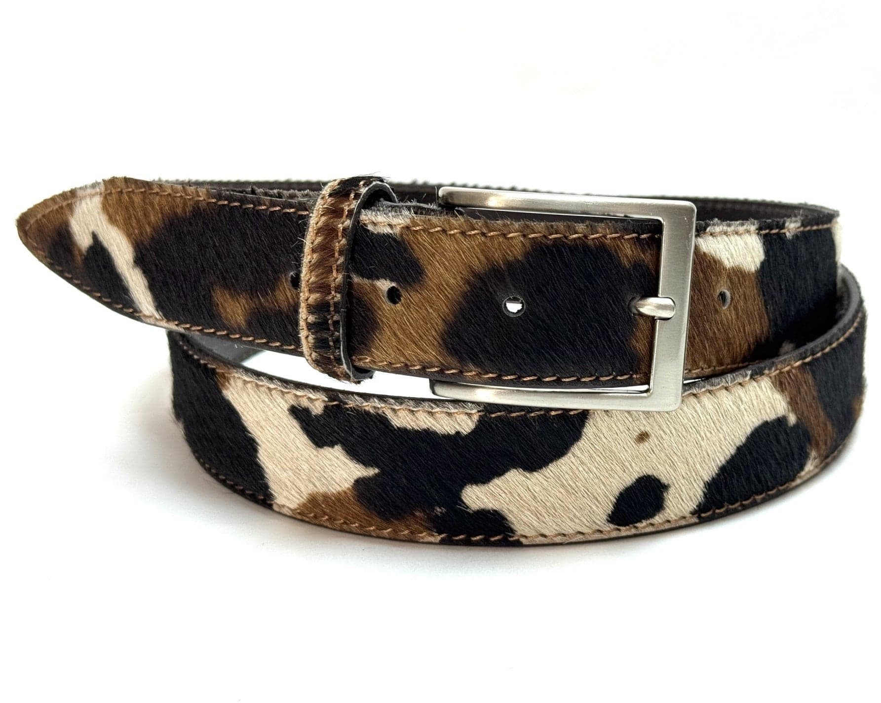 Cintura donna in vera pelle - pony mod. ZARIA, colore animalier mucca, CHIAROSCURO, Made in Italy