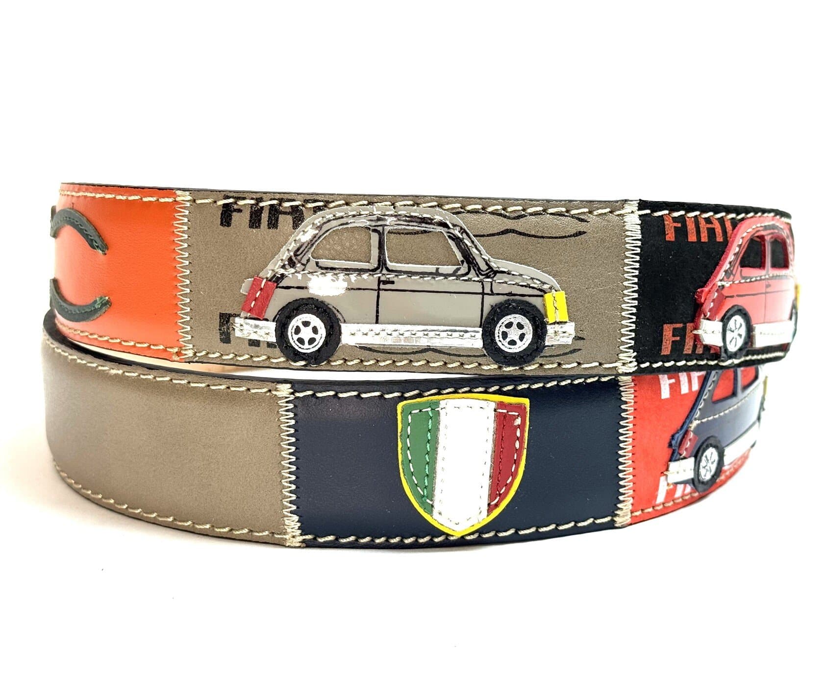 Cintura vintage uomo in vera pelle MIRAFIORI, colore MULTICOLOR,  cucite a mano in pelle, con applicazioni macchine pelle, SANTINI, Made in Italy