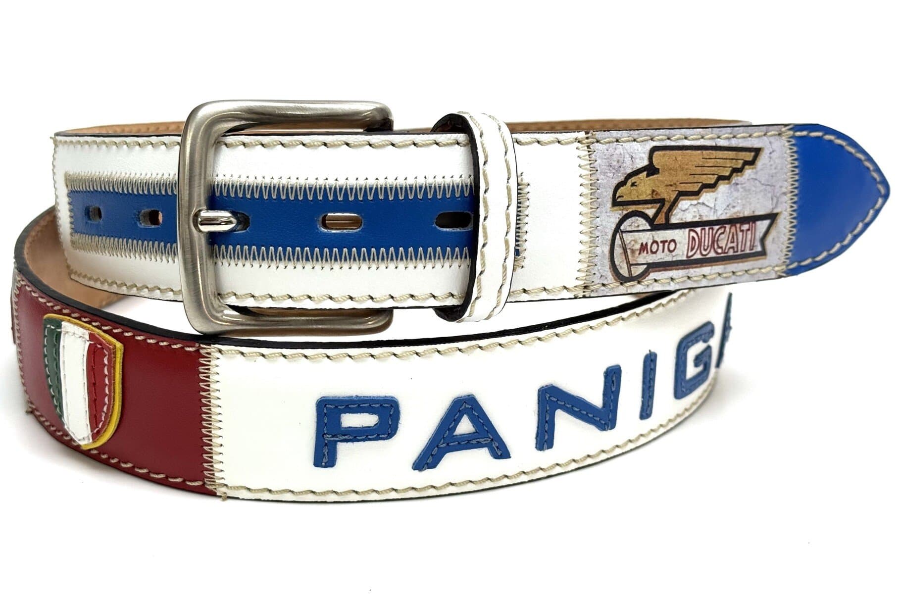 IMOLA: cintura vintage uomo in cuoio, BORGO PANIGALE, colore : MULTICOLOR, tema fantasia moto, cucite a mano, con applicazioni in pelle, Made in Italy
