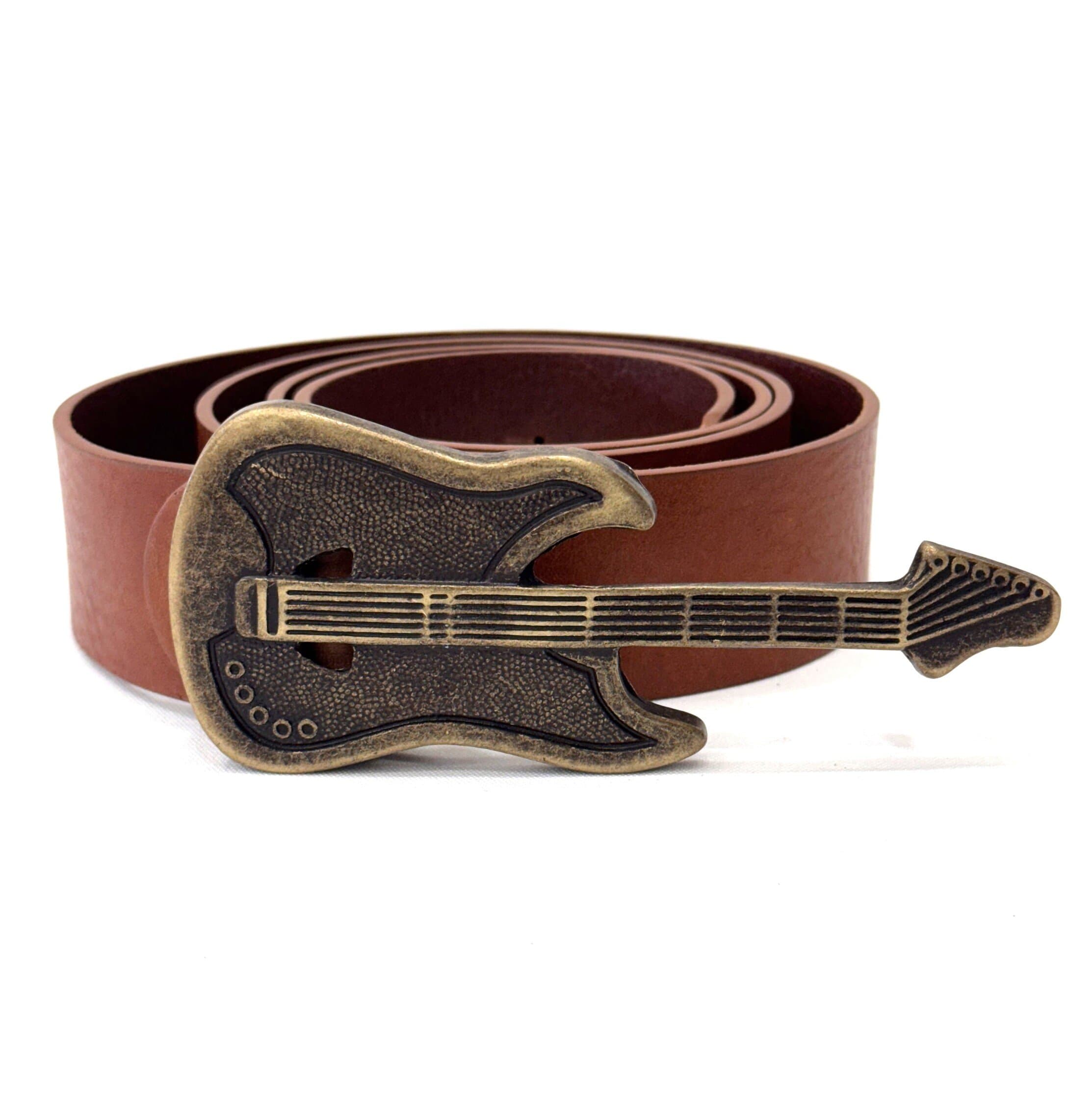 Cintura in vera pelle  CHIAROSCURO mod. GENOVA colore MARRONE, fibbia speciale chitarra oro, Made in Italy