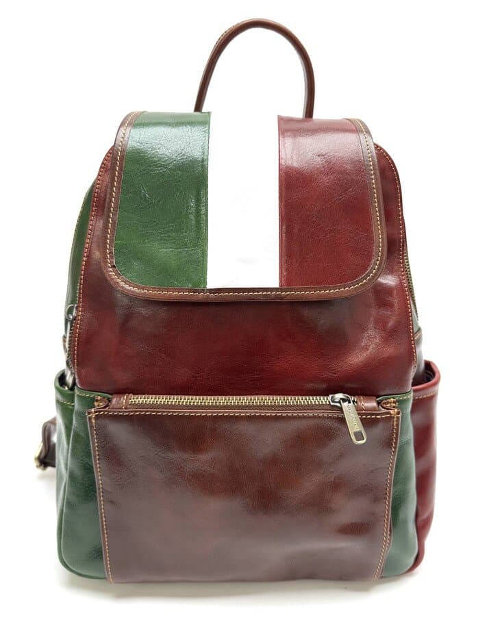 Zaino in vera pelle MONTE PELMO, TRICOLORE BANDIERA ITALIANA, colore  VERDE/BIANCO/ROSSO, CHIAROSCURO, Made in Italy
