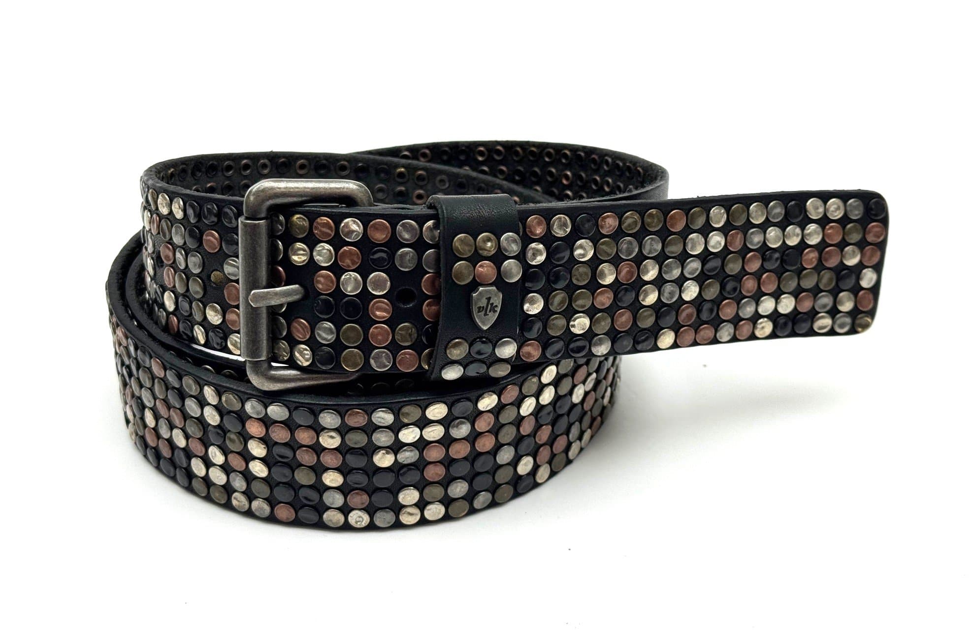 Buffered genuine leather belt mod. CALCUTTA 6 ROWS with random studs, color BLACK, Made in Italy