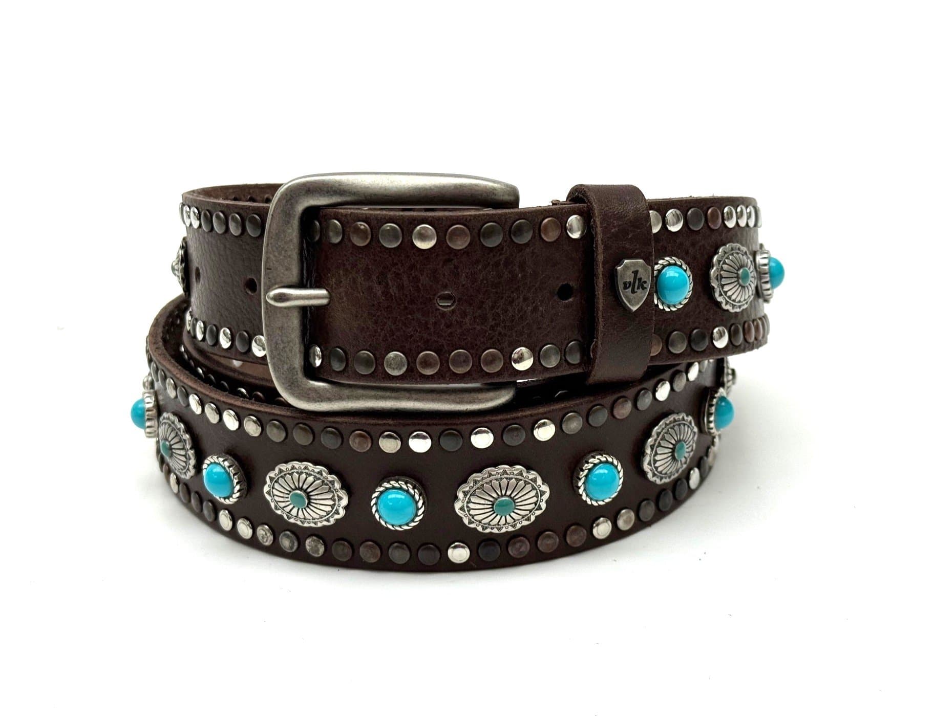 Cintura unisex in vera pelle SEDONA, colore TESTA DI MORO, con borchie e pietre blu, CHIAROSCURO - VLK, Made in Italy