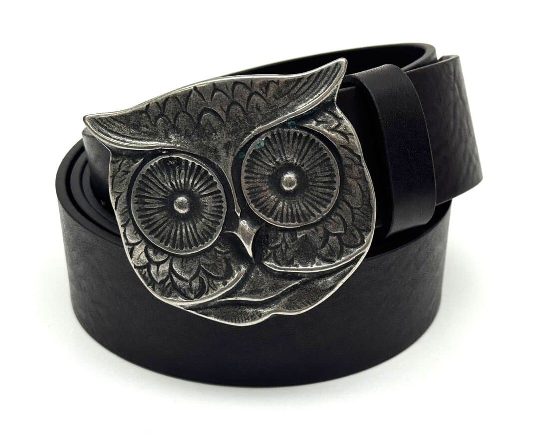 Genuine leather belt for man AUSTIN - OWL, BLACK colour, special buckle silver, CHIAROSCURO, MADE IN ITALY