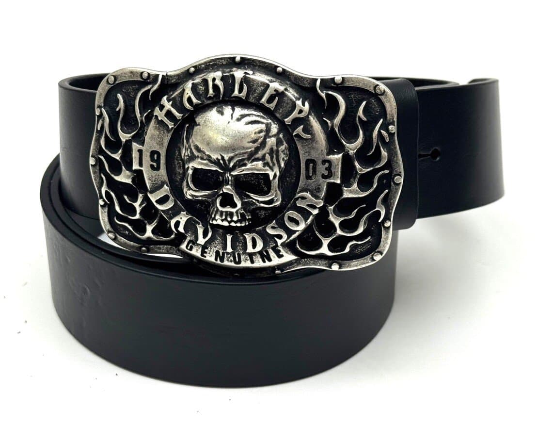 Cintura in  vera pelle da uomo DENVER - TESCHIO HARLEY DAVIDSON, colore NERO, fibbia speciale, CHIAROSCURO, Made in Italy