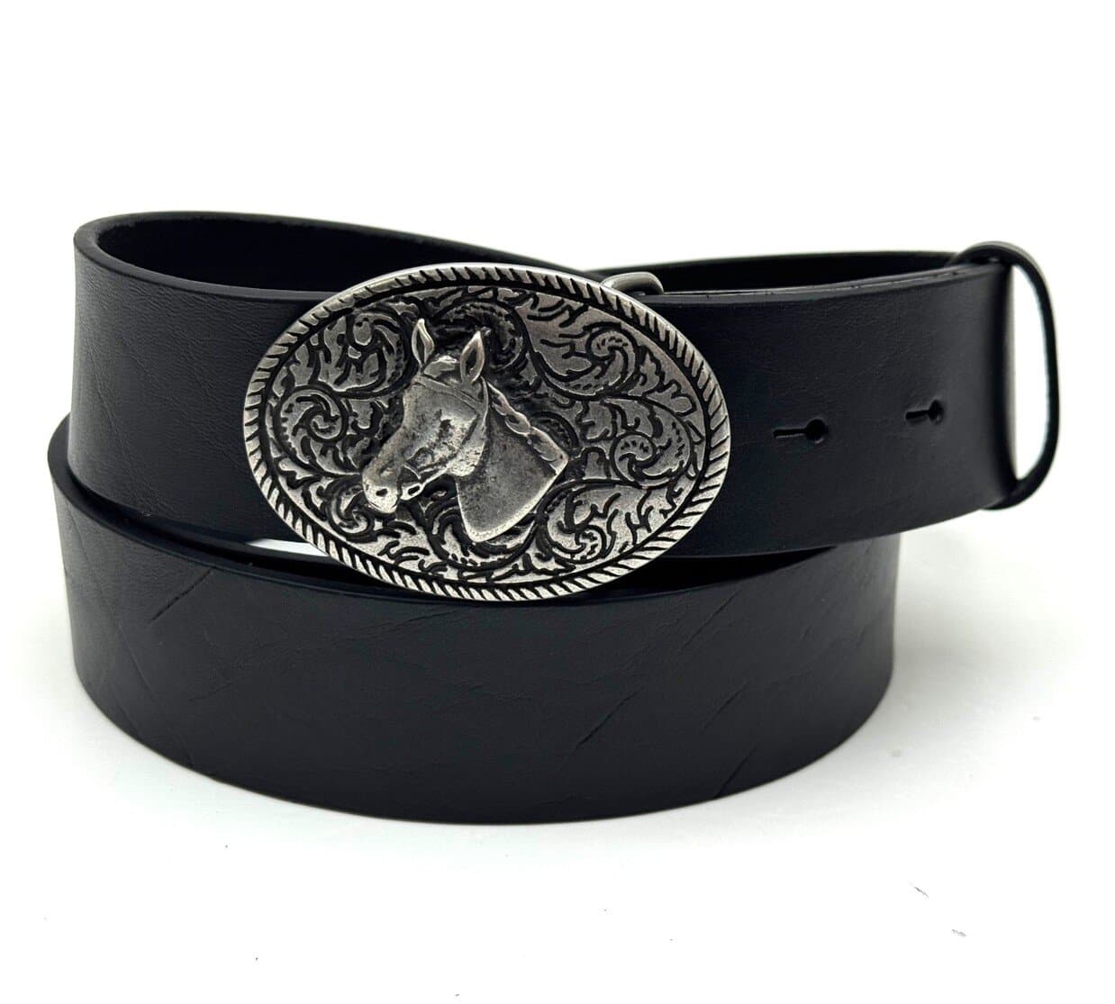Cintura in  vera pelle CHIAROSCURO mod. GENOVA - CAVALLO, colore NERO, fibbia speciale argento, Made in Italy