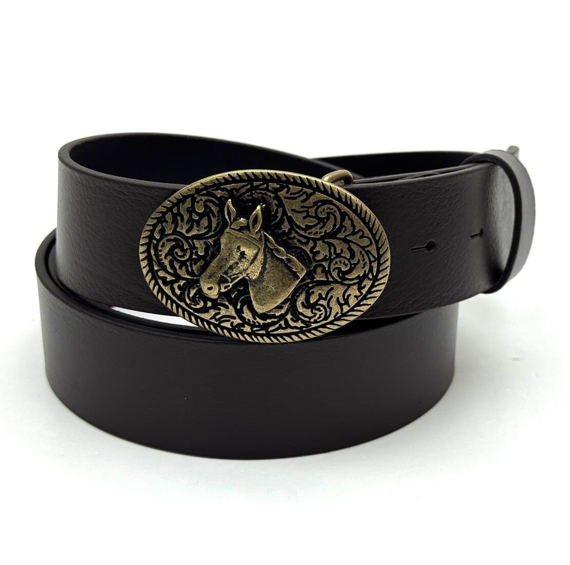 Cintura in  vera pelle CHIAROSCURO mod. GENOVA - CAVALLO, colore TESTA DI MORO, fibbia speciale brunito, Made in Italy