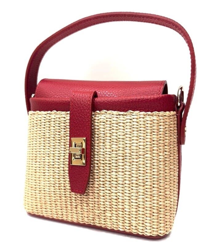Borsa small a mano / a tracolla da donna in vera pelle / rafia DEBORA, colore ROSSO, CHIAROSCURO, Made in Italy