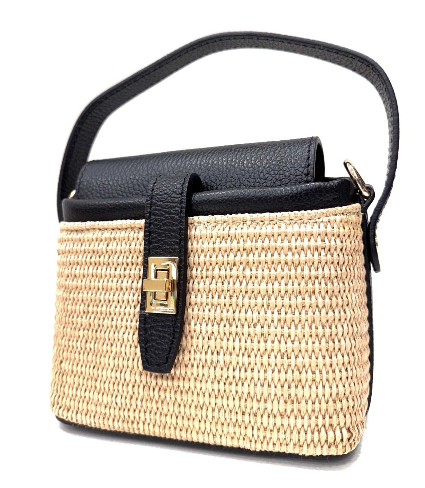 Borsa small a mano / a tracolla da donna in vera pelle / rafia DEBORA, colore NERO, CHIAROSCURO, Made in Italy