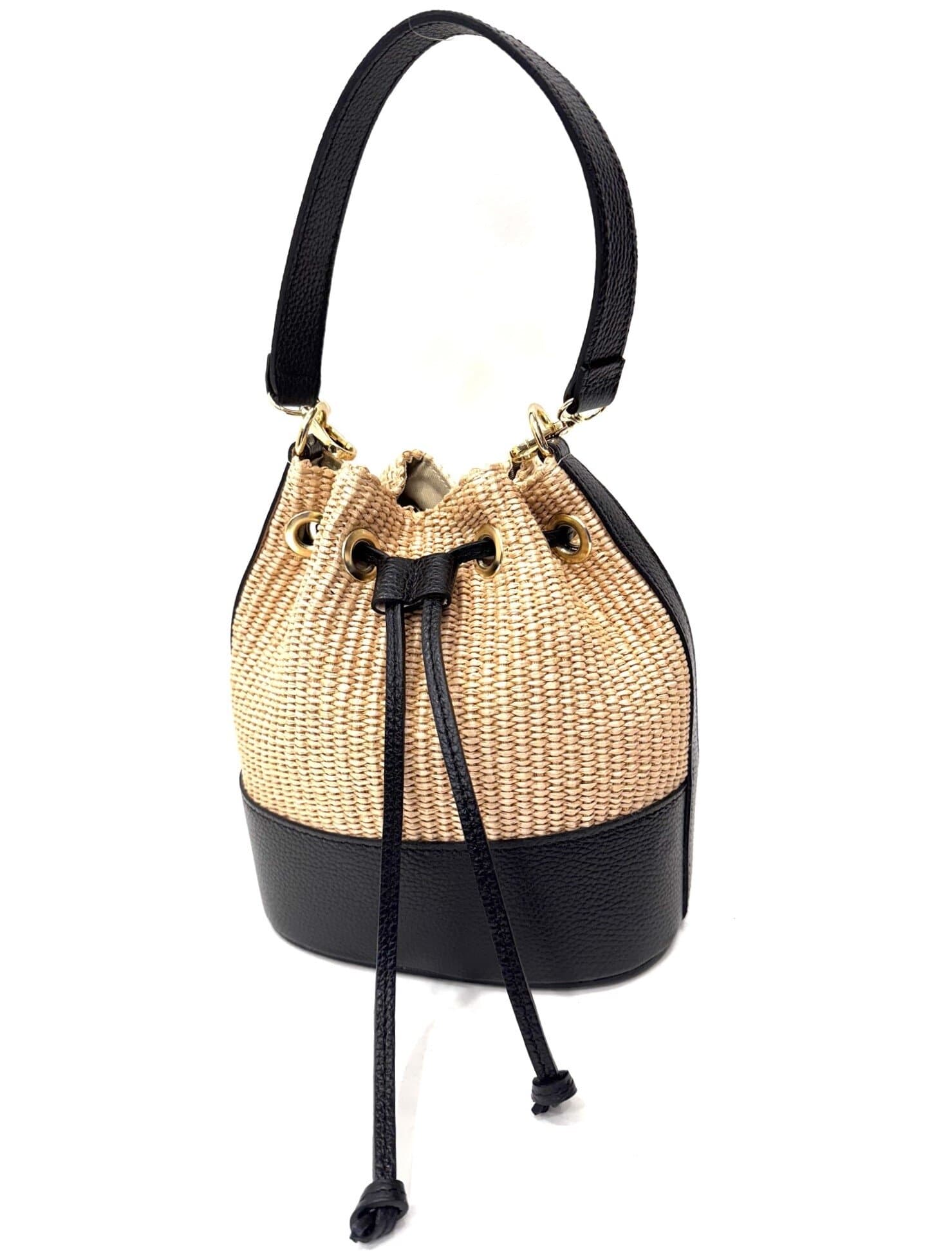 Borsa small a mano / a tracolla da donna in vera pelle / rafia SELENE, colore NERO, CHIAROSCURO, Made in Italy