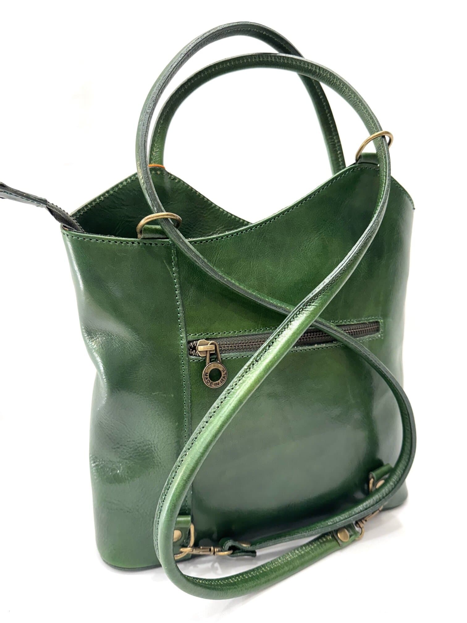 Borsa zaino donna MONTE ARGENTERA in vera pelle tamponata, colore VERDE SCURO, CHIAROSCURO, Made in Italy