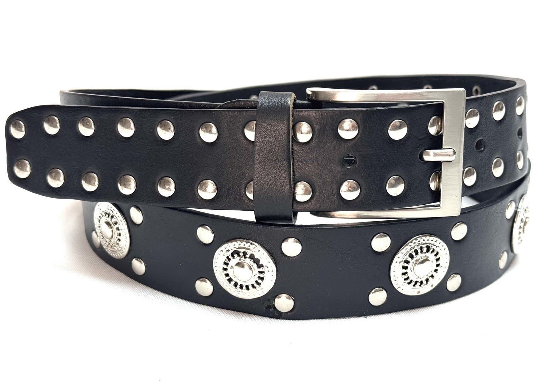 Cintura unisex in vera pelle ANGHIARI, colore NERO, con borchie, CHIAROSCURO, Made in Italy