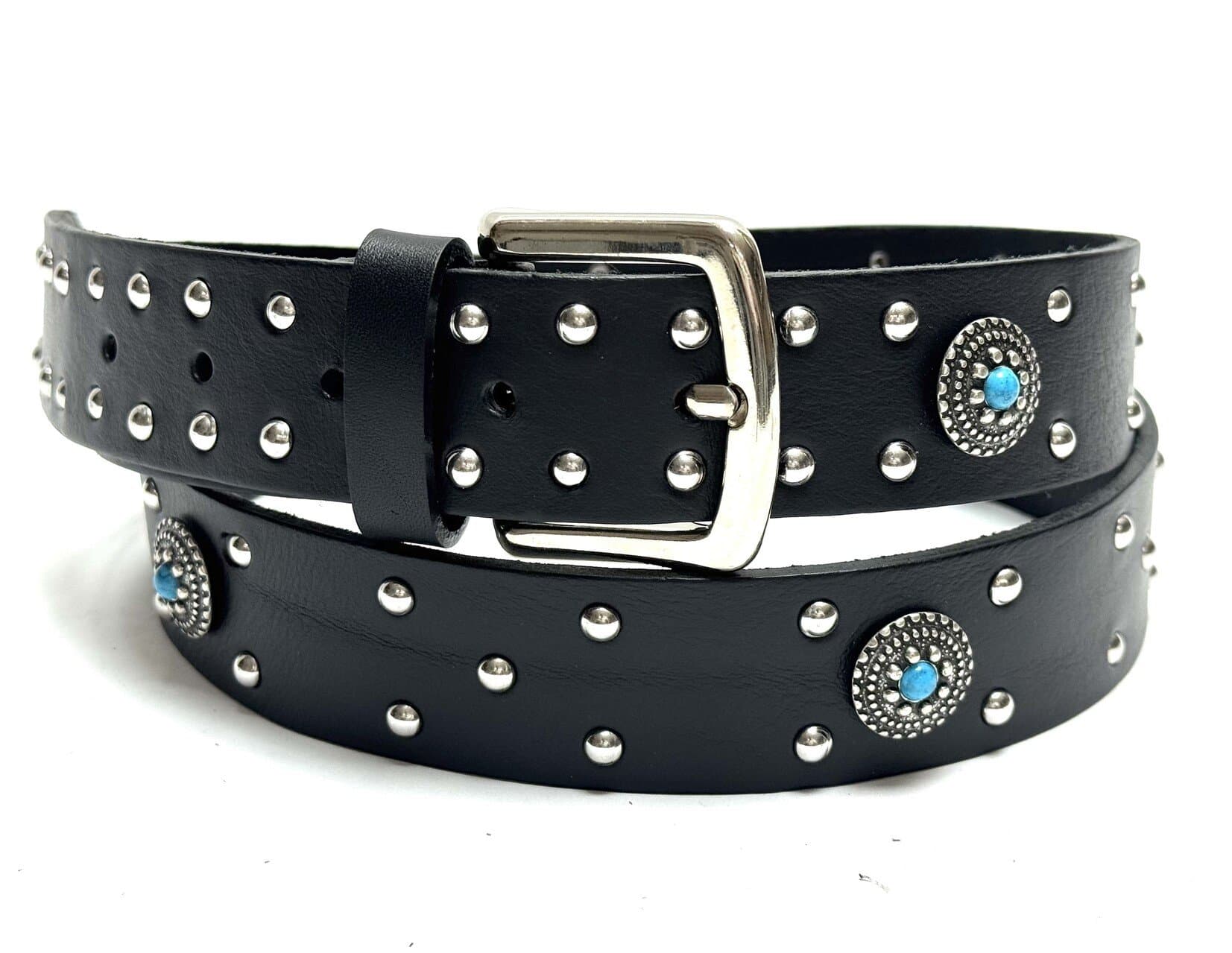 Cintura unisex in vera pelle ANGHIARI, colore NERO, con borchie e pietre blu, CHIAROSCURO, Made in Italy