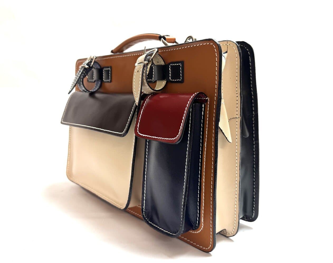 Borsa unisex in vera pelle ELVI MEDIUM, colore, MULTICOLORE, colore base CUOIO, Made in Italy. Misura ideale per tablet di media dimensione/ agende di lavoro.