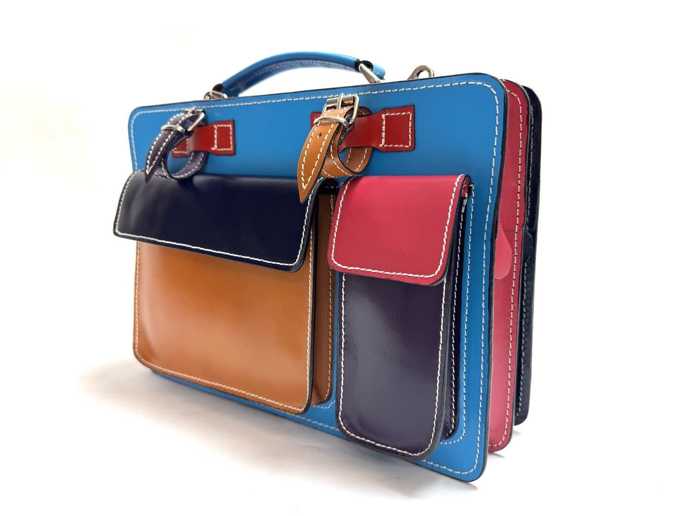 Borsa unisex in vera pelle ELVI MEDIUM, colore, MULTICOLORE, colore base AZZURRO, Made in Italy. Misura ideale per tablet di media dimensione/ agende di lavoro.