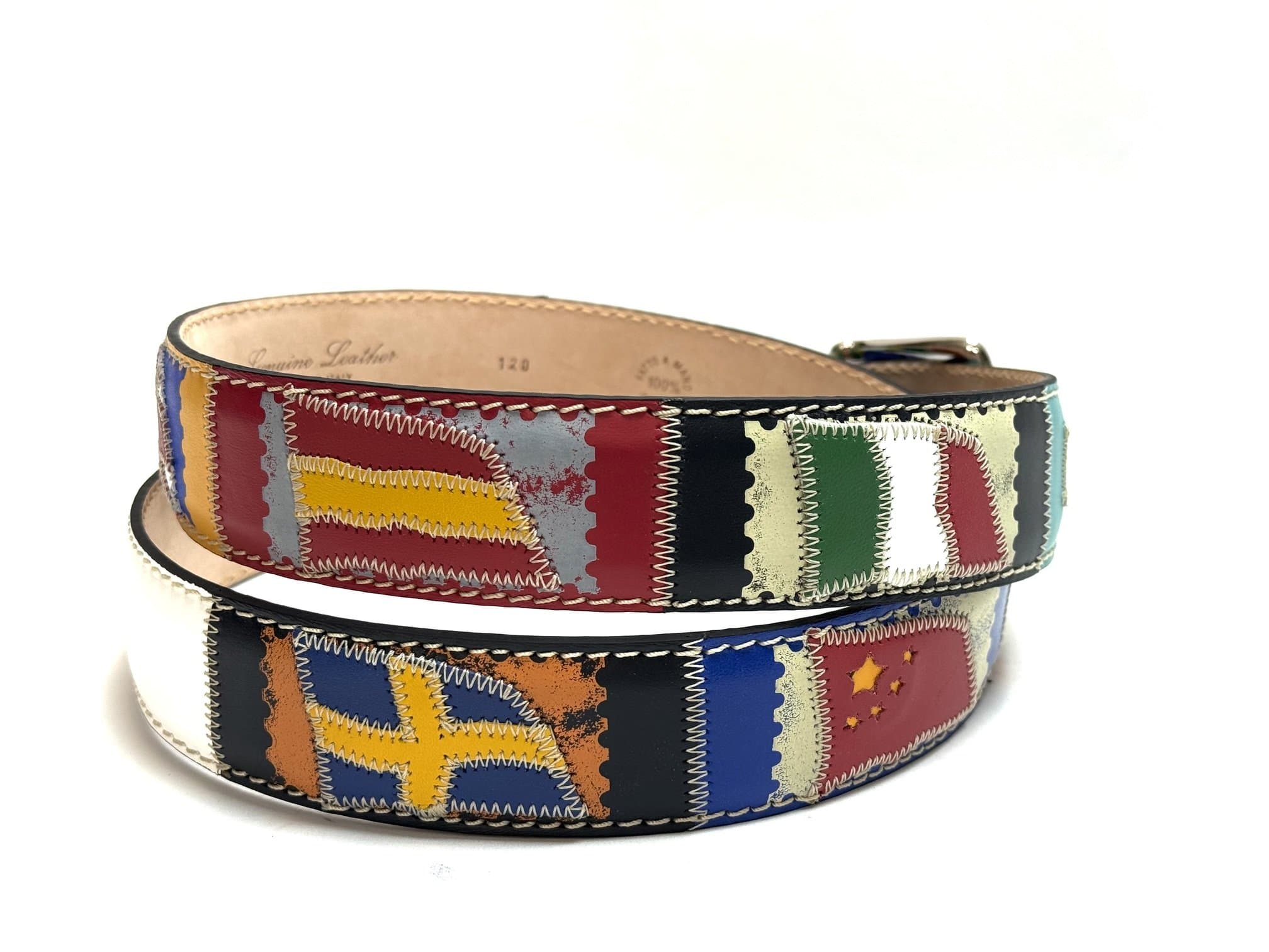 Cintura uomo in vera pelle BASILEA, colore BIANCO, con bandiere nazioni cucite a mano in pelle, con applicazioni in pelle, SANTINI, Made in Italy.
