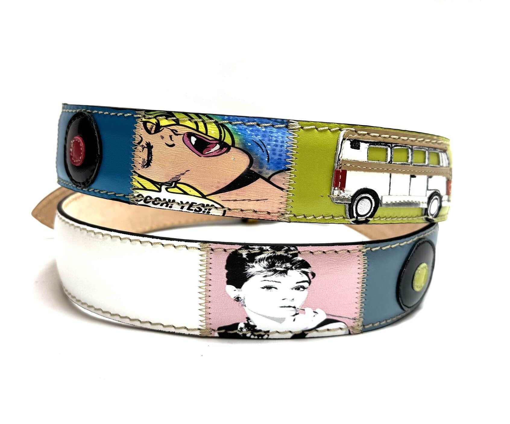 Cintura vintage uomo in vera pelle  KINGSTON DISCO MUSIC, colore MULTICOLOR, anni 50' e'60 con dettagli  musicali cuciti a mano in pelle, con applicazioni in pelle, SANTINI, Made in Italy