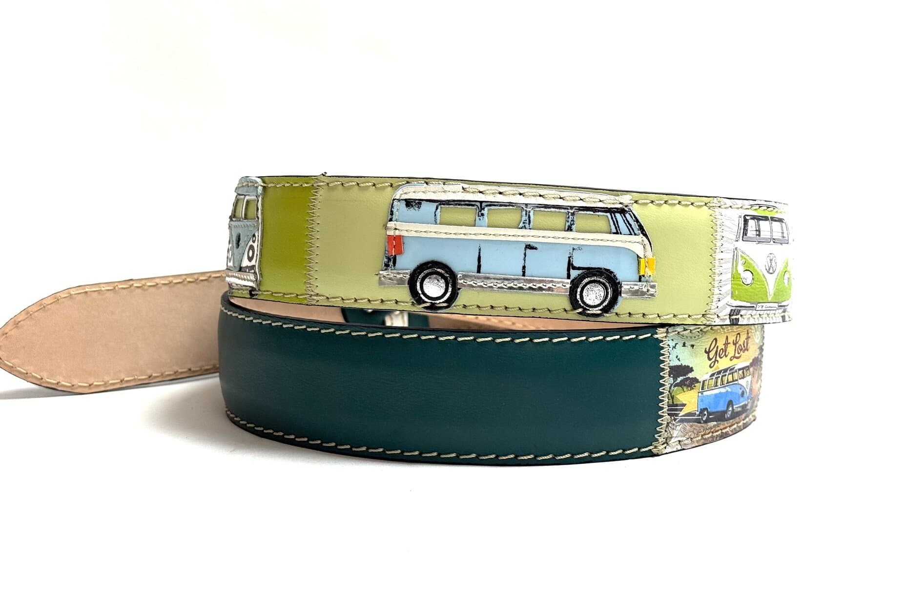 Cintura vintage uomo in vera pelle HANNOVER, colore MULTICOLOR, base VERDE, con applicazioni auto cucite a mano in pelle, SANTINI, Made in Italy