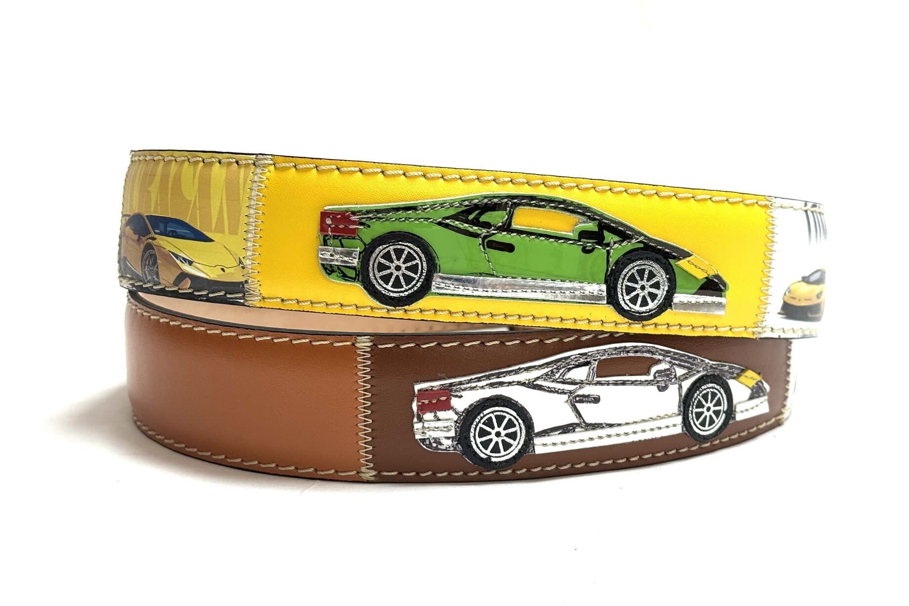 Cintura vintage uomo in vera pelle AMBURGO, colore MULTICOLOR, base GIALLO, cucite a mano con applicazioni macchine in pelle, SANTINI, Made in Italy