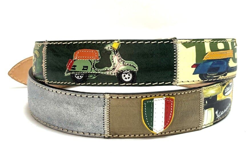 IMOLA: cintura vintage uomo in cuoio V22, colore : MULTICOLOR, tema fantasia MOTO / VESPA, cucite a mano, con applicazioni in pelle, Made in Italy