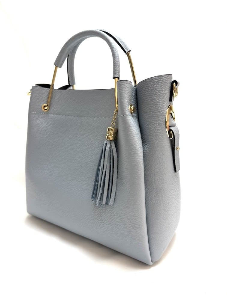 Borsa donna KAROLINA a spalla in vera pelle rigida, colore AZZURRO, CHIAROSCURO, Made in Italy
